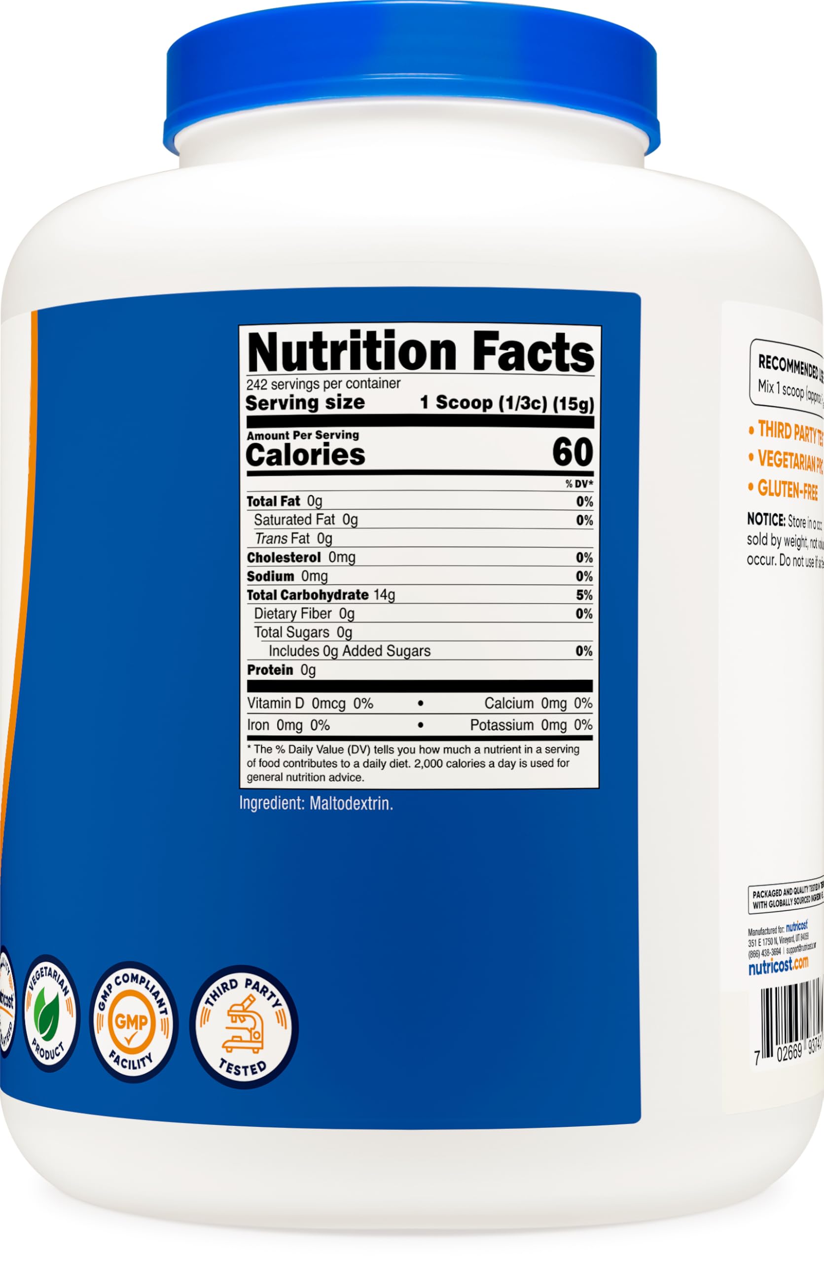 Nutricost Maltodextrina libre de gluten y OGMs, apta para dietas.