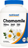 Nutricost Manzanilla 750 mg, botella de cápsulas para relajación nocturna.