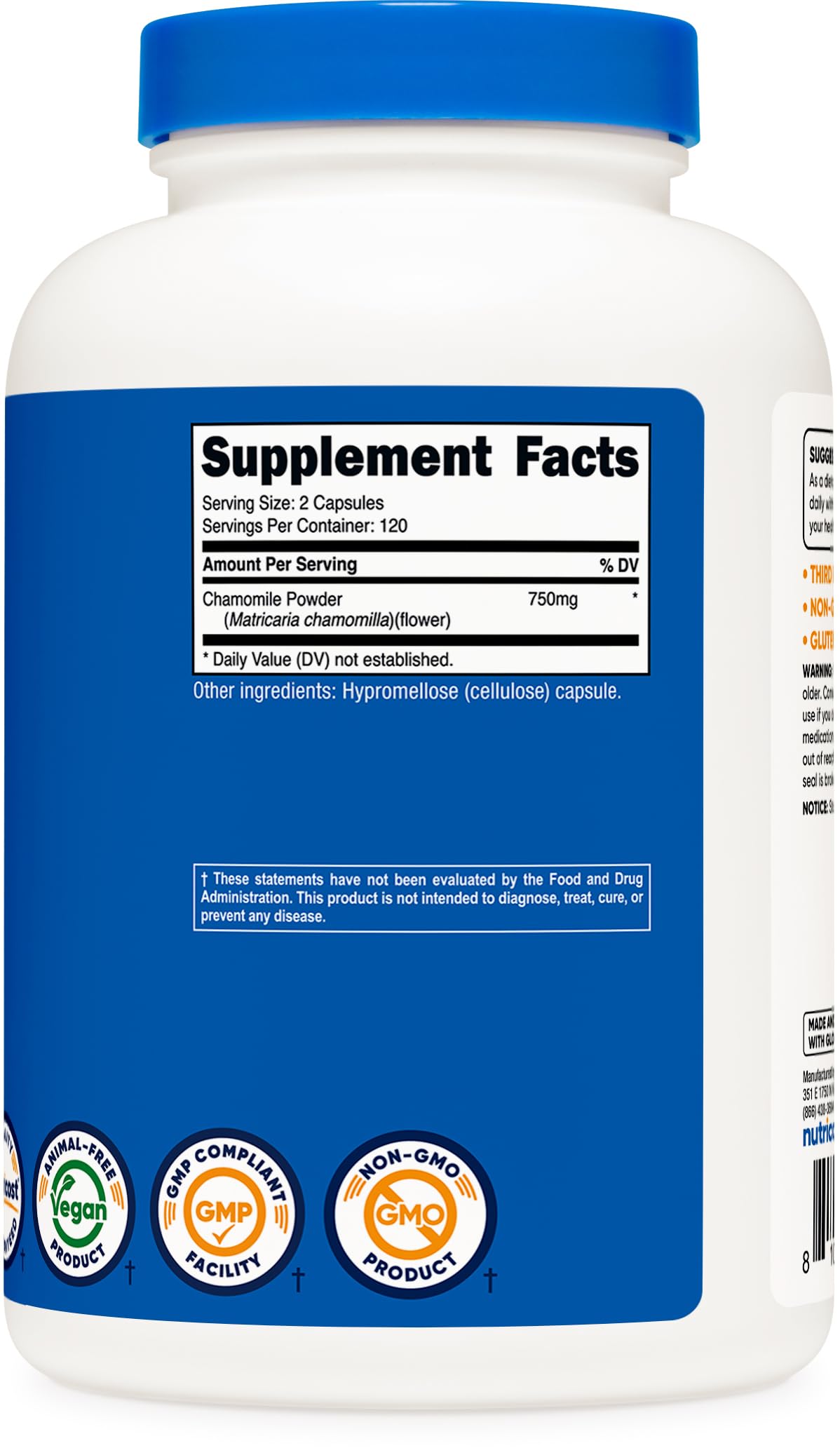 Nutricost Manzanilla 750 mg, certificado ISO y pruebas de calidad.