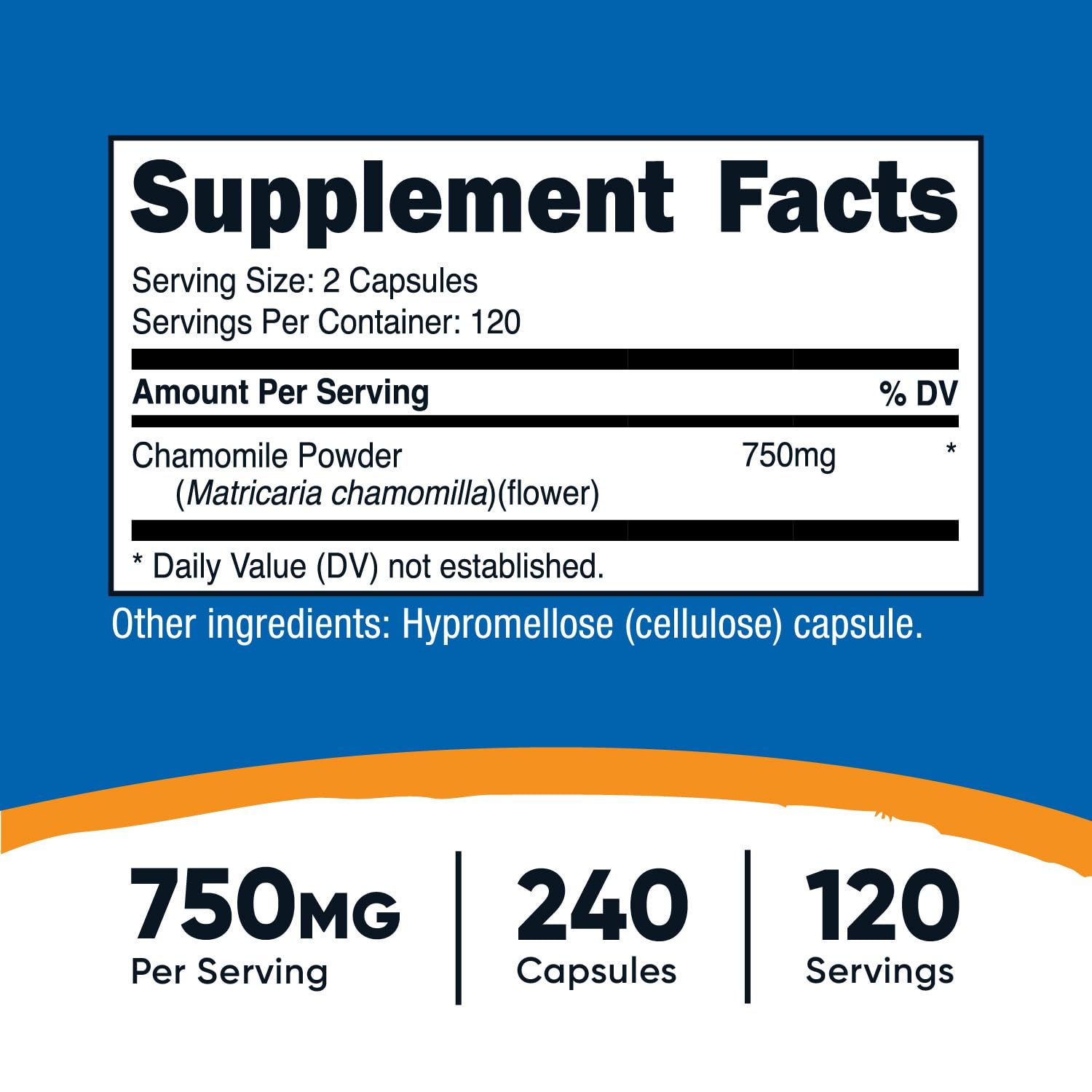 Nutricost Manzanilla 750 mg, etiqueta visible y formato vegetariano.