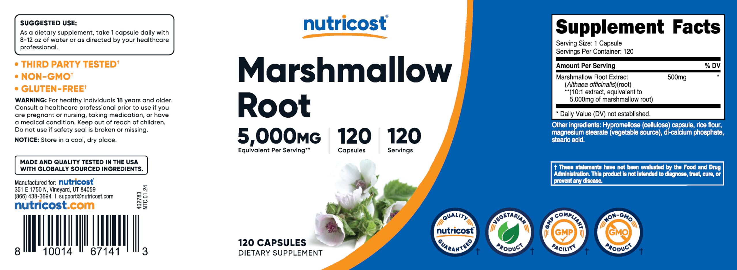 Nutricost Marshmallow Root: etiqueta frontal facilita ver beneficios clave.