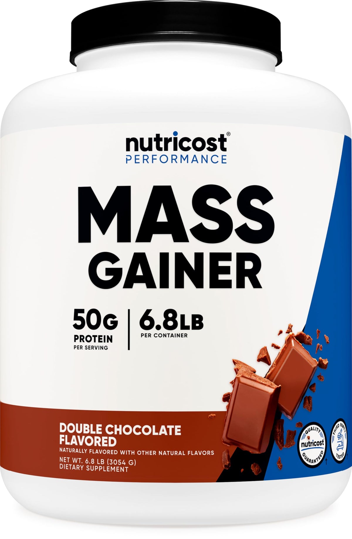 Nutricost Mass Gainer doble chocolate, contenedor de 6.7 lb para ganancia de masa.