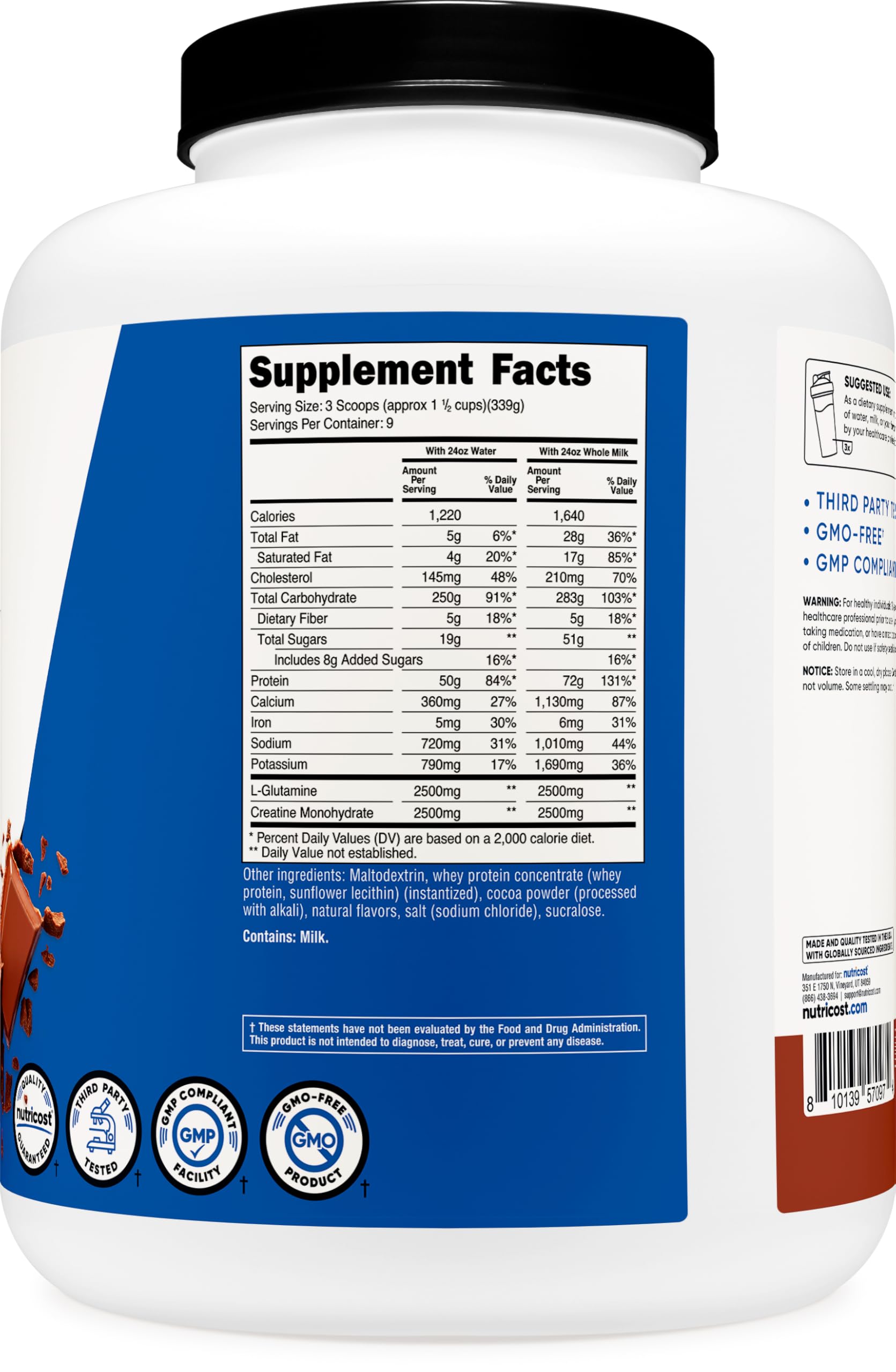 Nutricost Mass Gainer doble chocolate, fabricado en instalación NSF para calidad.