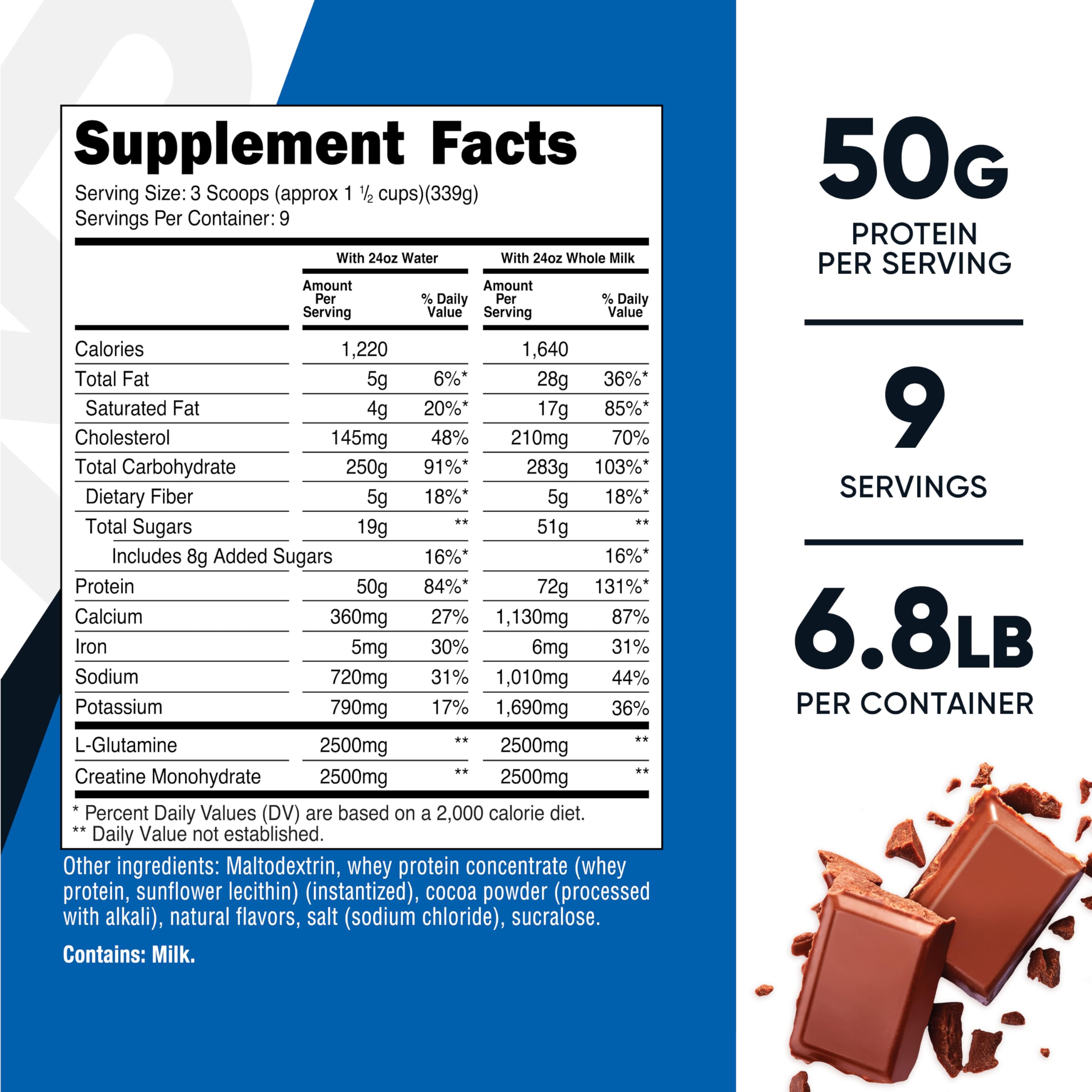 Nutricost Mass Gainer doble chocolate, porción de 50 g de proteína por servicio.