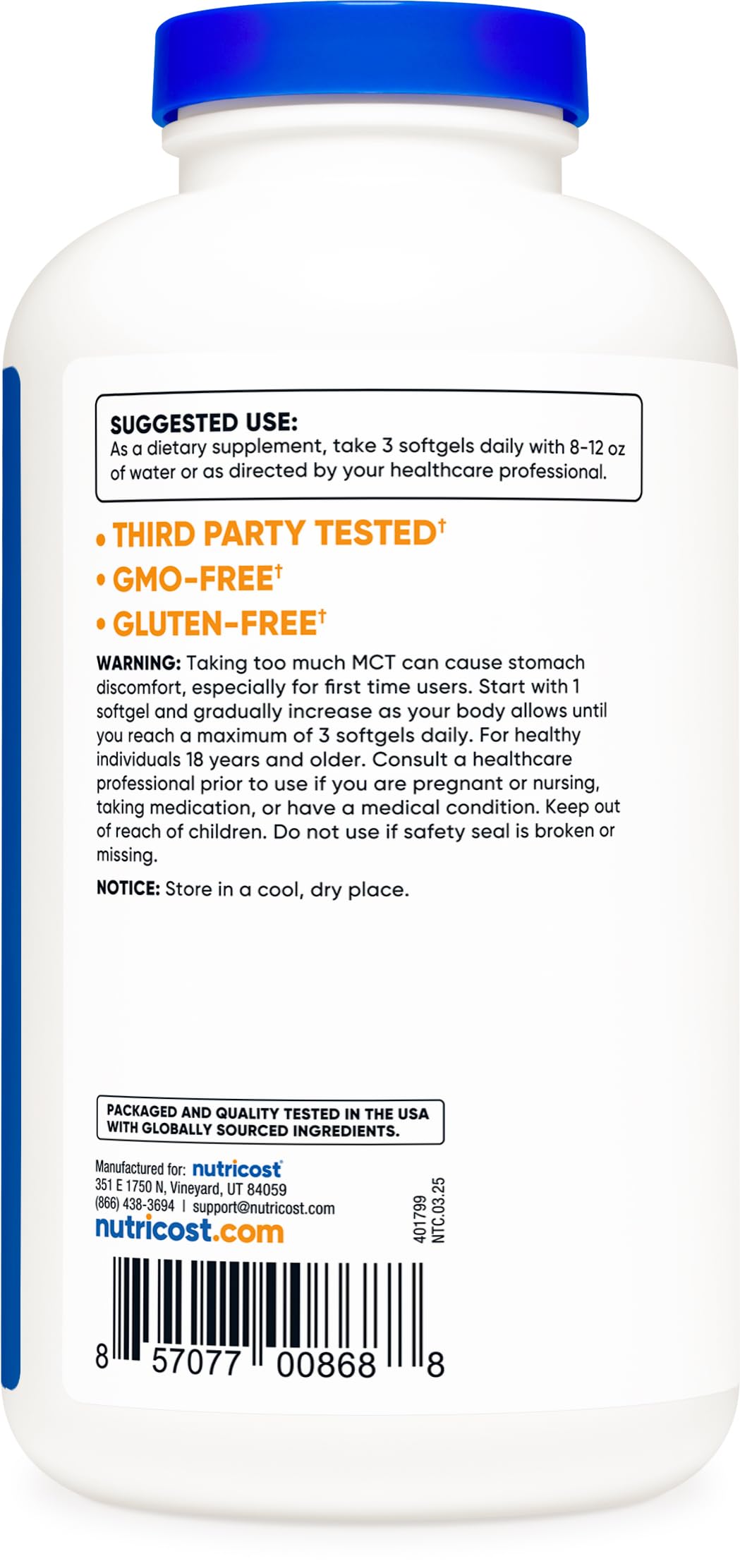 Nutricost MCT Cápsulas Blandas, etiqueta clara y seguridad de producción.