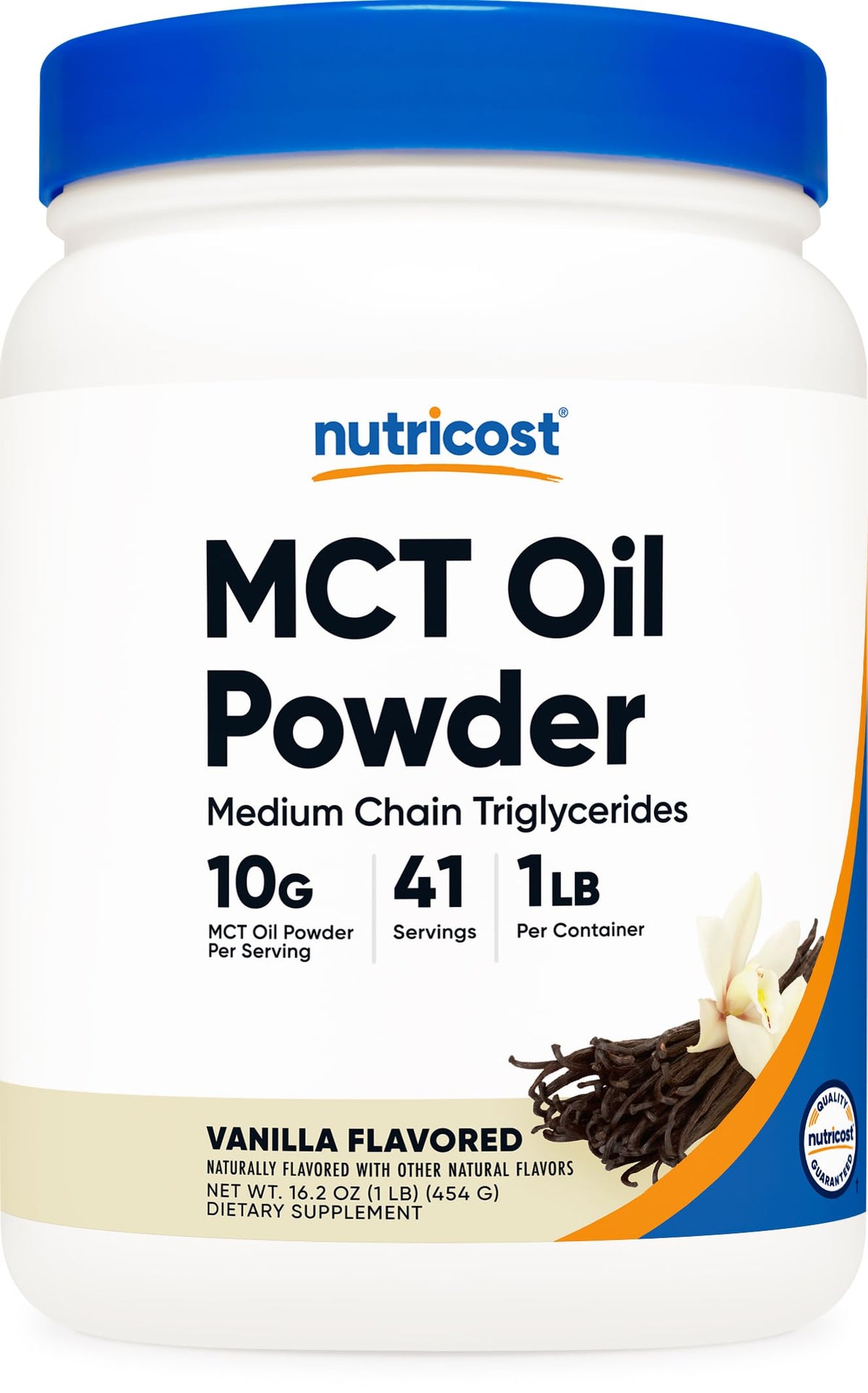 Nutricost MCT Powder vainilla en botella para bebidas cetogénicas y sabor suave.