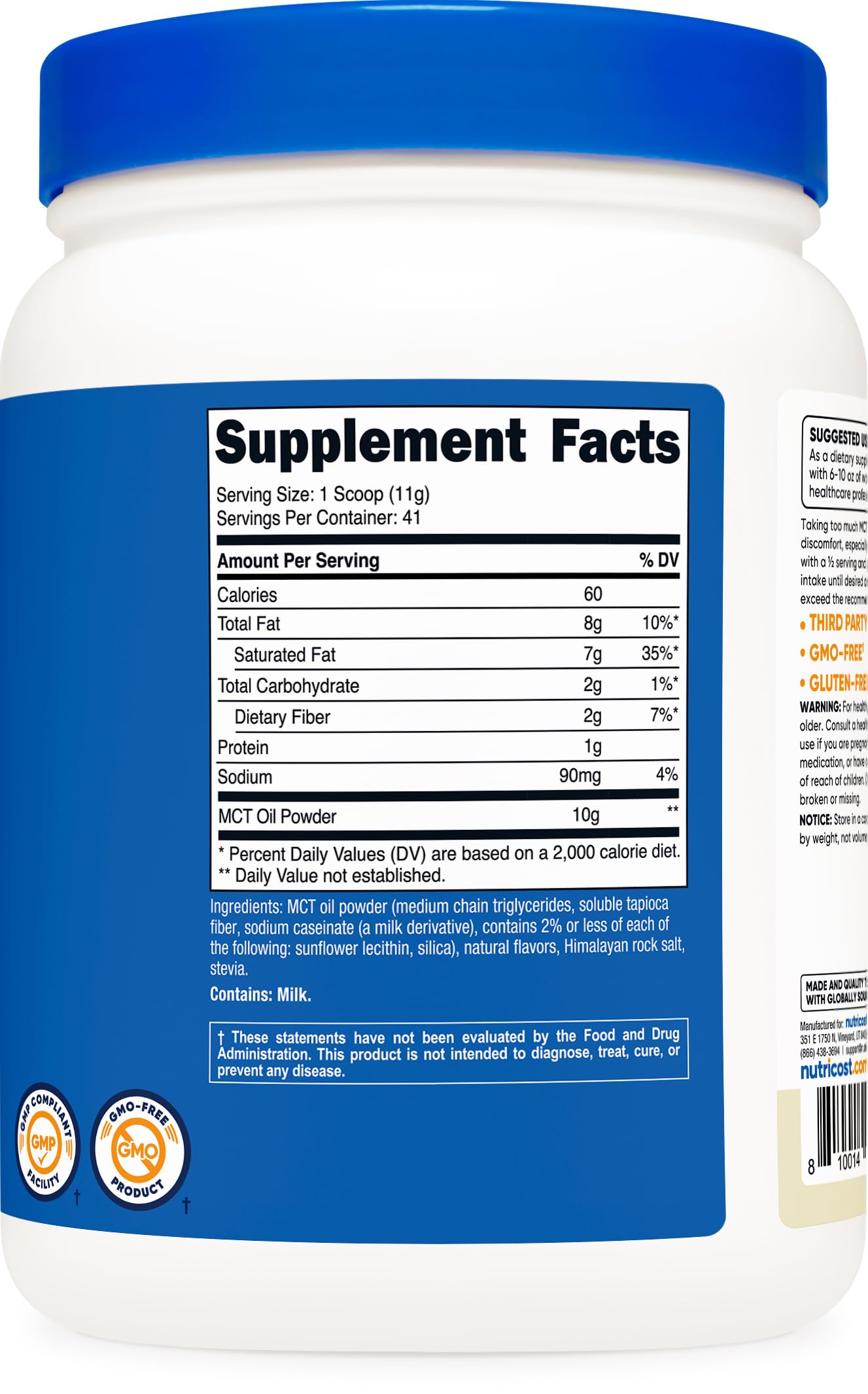 Etiqueta de Nutricost MCT Powder vainilla con información de 0 carbohidratos netos.