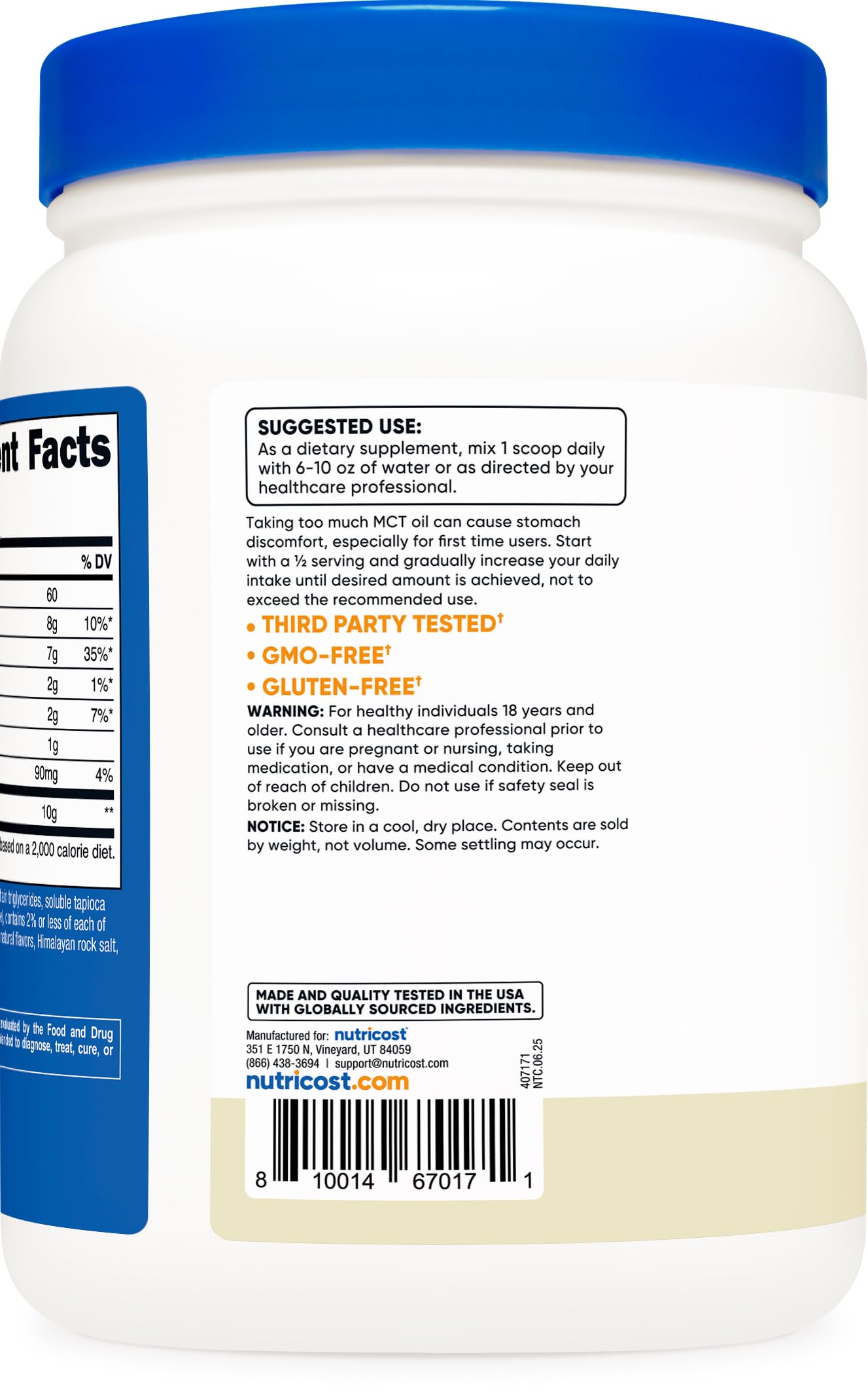 Polvo vainilla de Nutricost MCT Powder para mezclar rápidamente en bebidas.