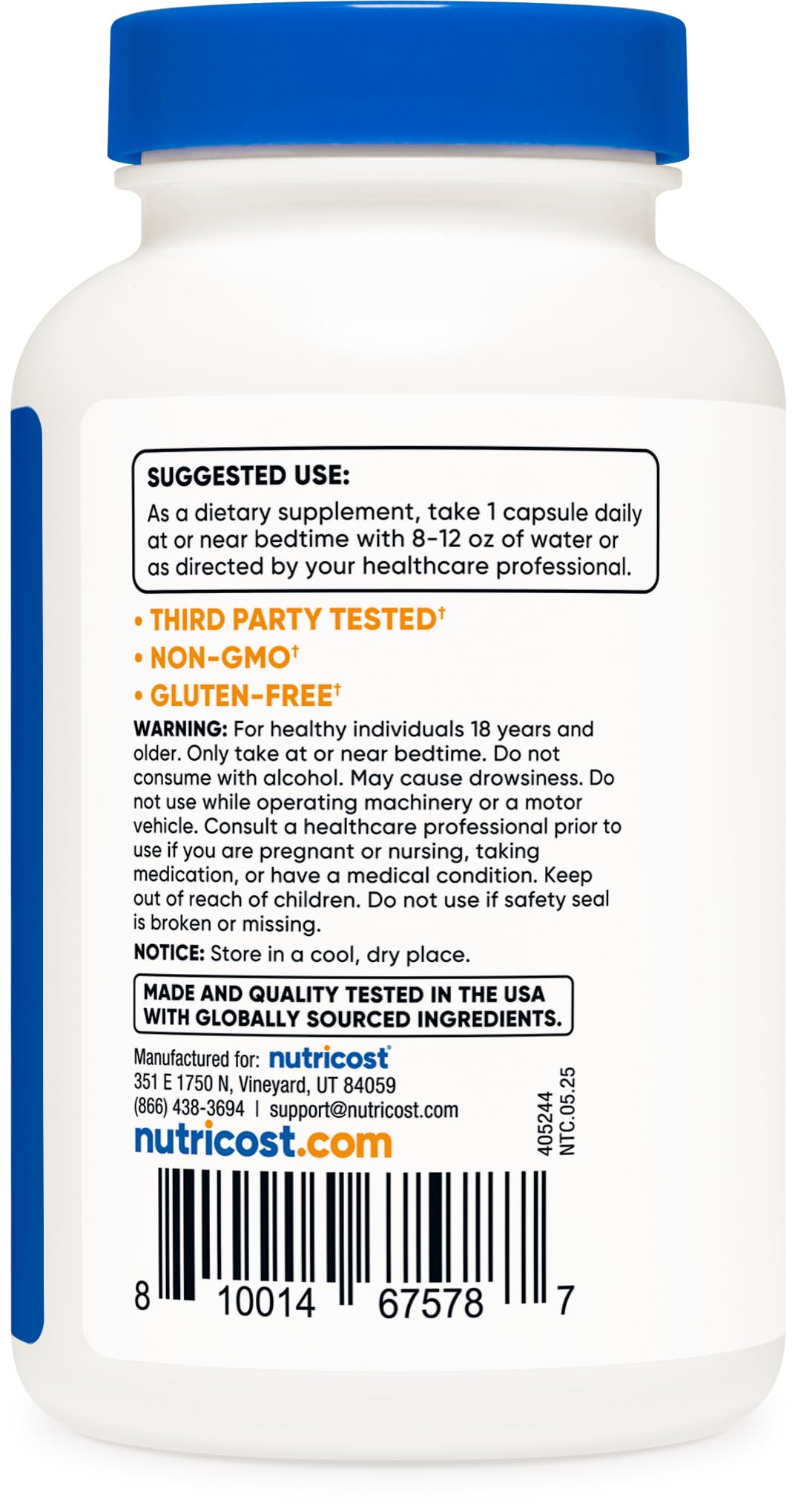 Nutricost Melatonina 10 mg, botella en primer plano para manejo fácil
