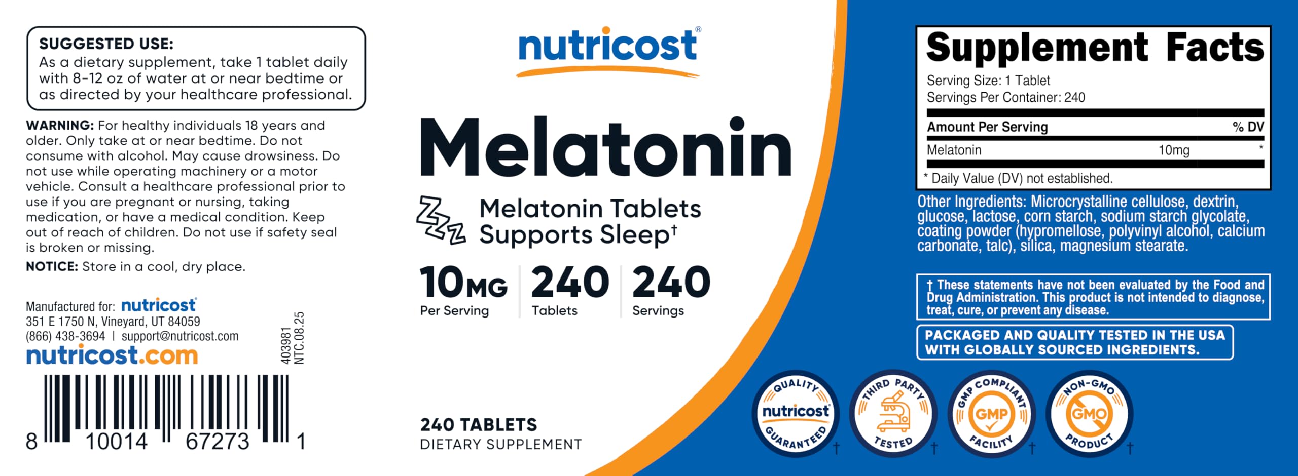 Nutricost Melatonina 10 mg, certificado por NSF y GMP para seguridad