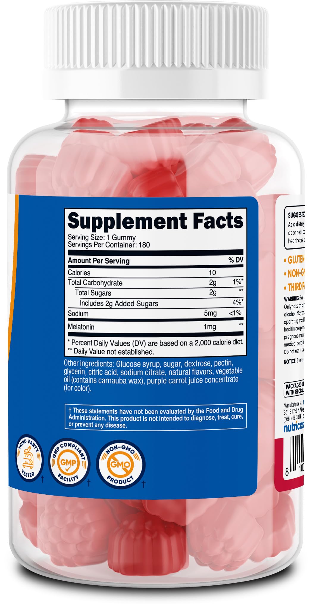 Frasco de Nutricost Melatonina 1mg, 180 gomitas listas para su rutina nocturna.