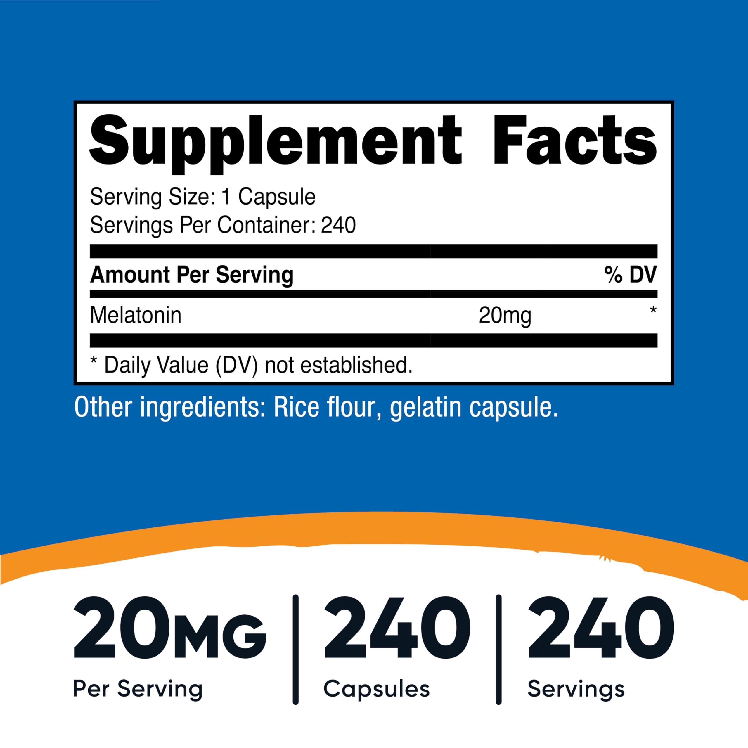 Nutricost Melatonina 20 mg, etiqueta del frasco para identificar la dosis.