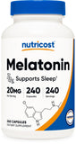 Nutricost Melatonina 20 mg, frasco de cápsulas para la rutina nocturna.