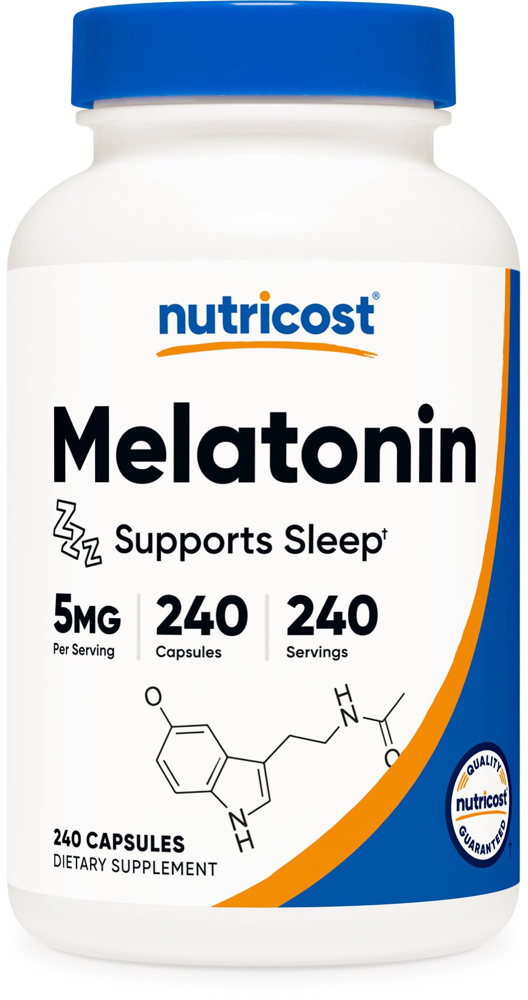 Nutricost Melatonina 5 mg: botella frontal para la toma nocturna