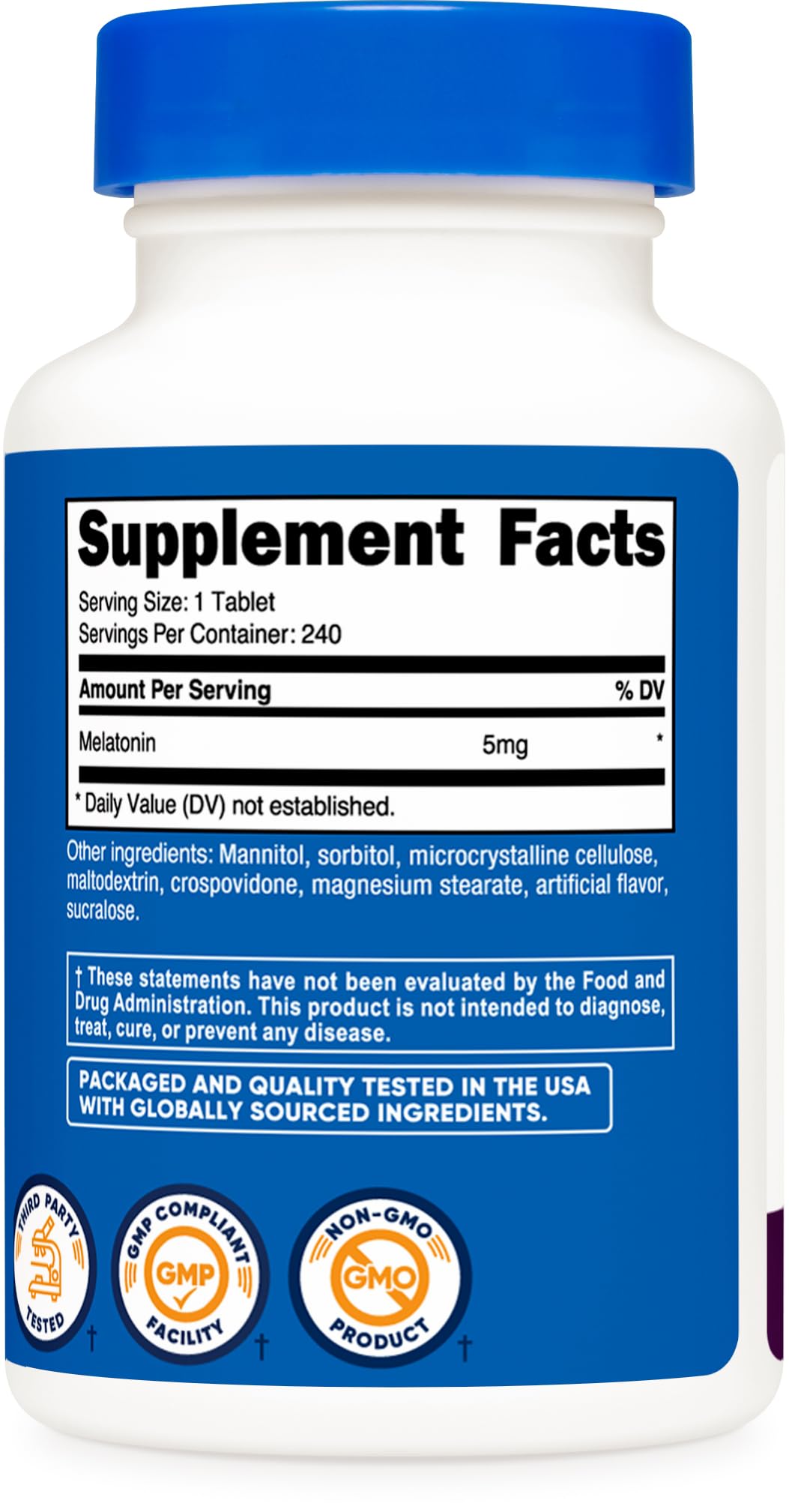 Etiqueta Nutricost Melatonina 5 mg libre de gluten y soja, para alérgenos.