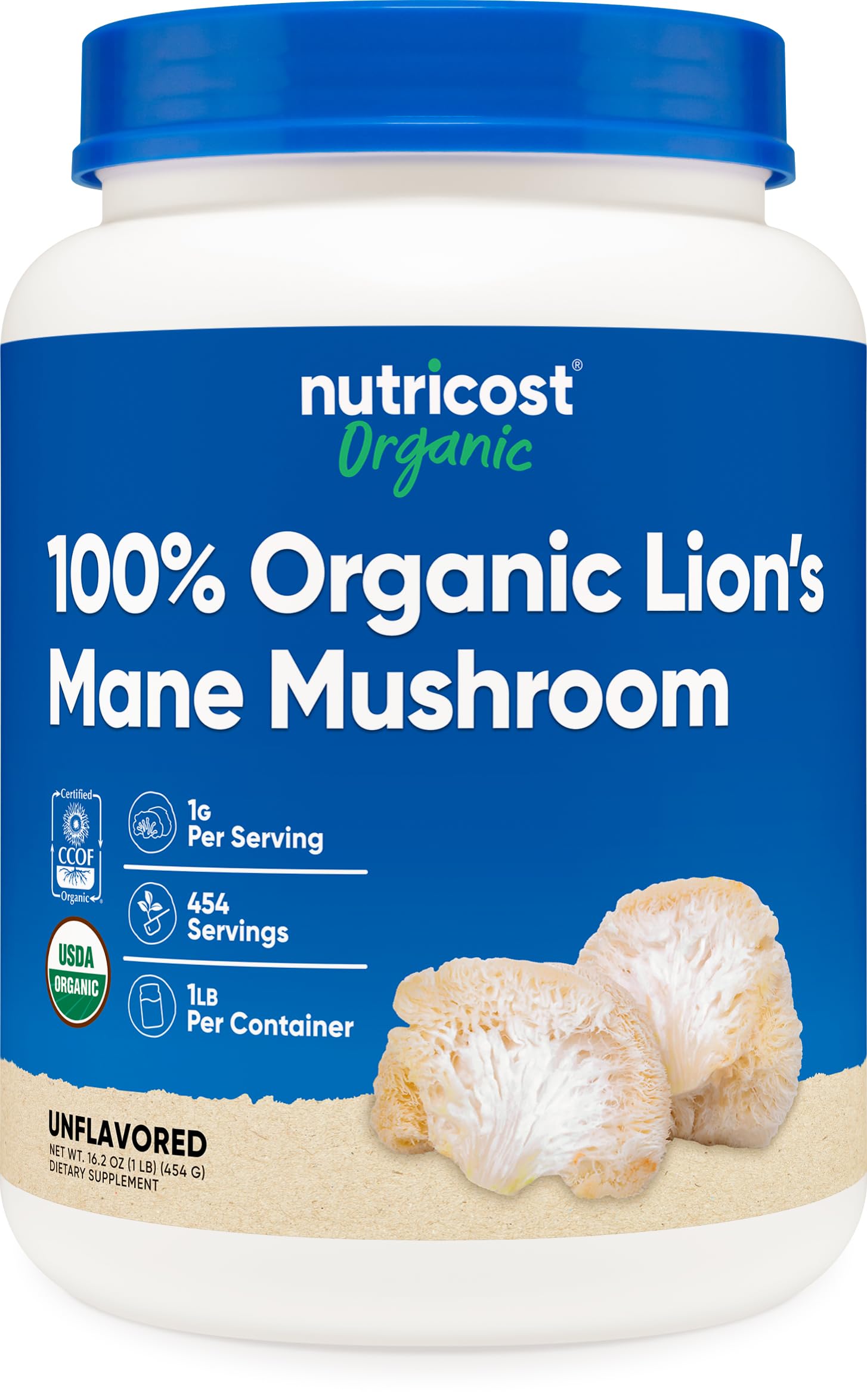 Nutricost melena de león polvo orgánico en bote para uso diario