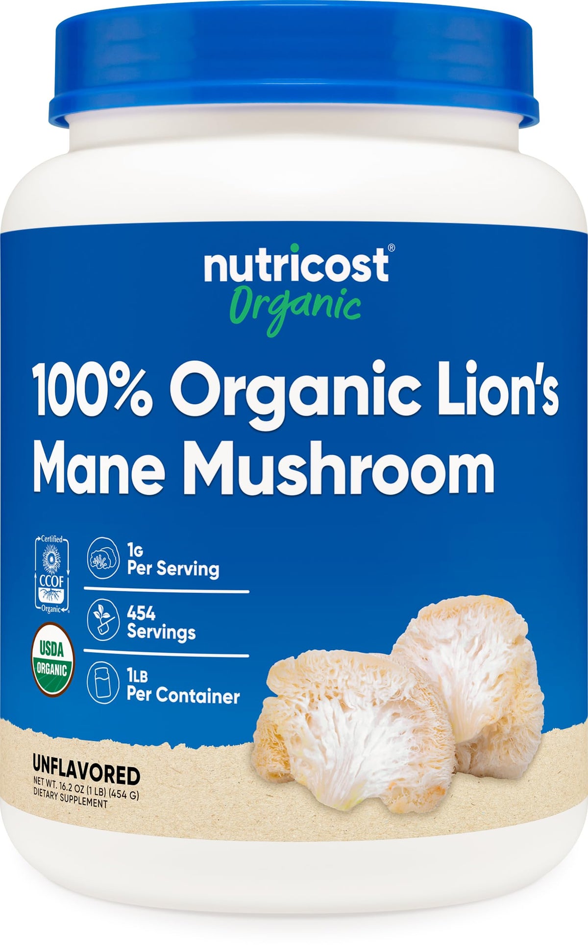 Nutricost melena de león polvo orgánico en bote para uso diario