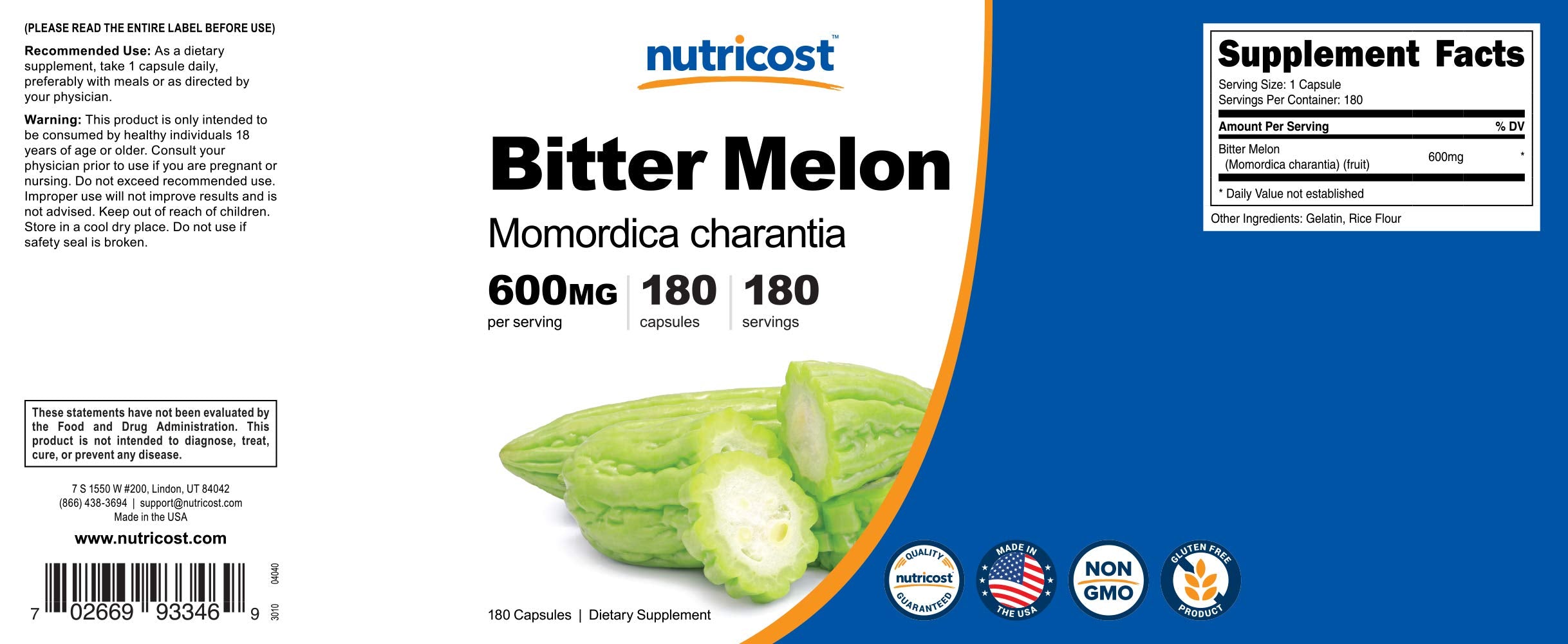 Nutricost Melón Amargo. embalaje visible para identificar ingredientes y uso diario.