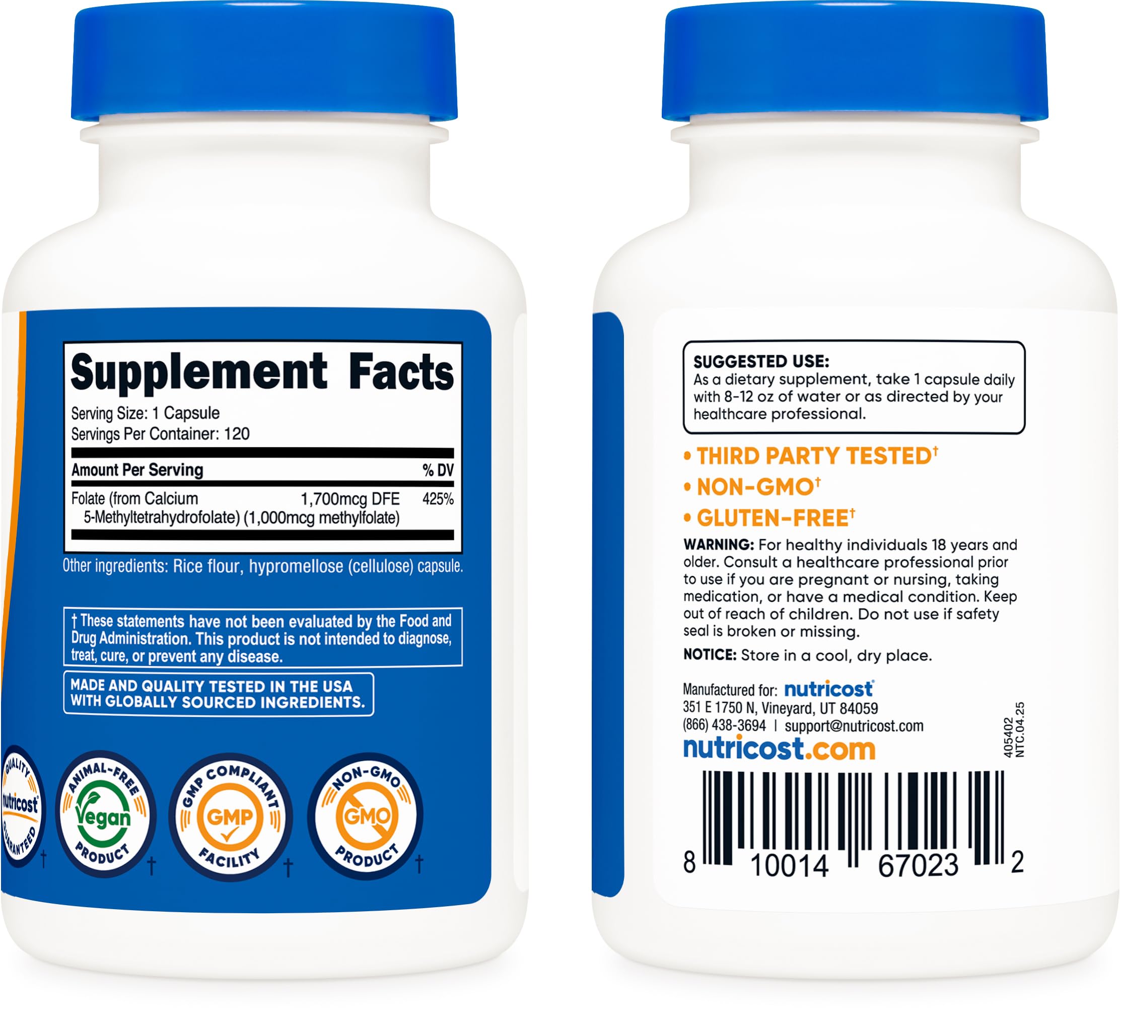 Nutricost Metilfolato 1000mcg contenido porción, dosis destacada en etiqueta