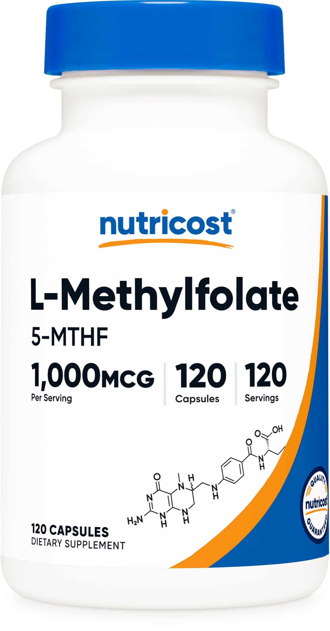Nutricost Metilfolato 1000mcg frasco frontal, dosis diaria fácil de leer