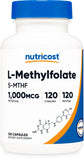 Nutricost Metilfolato 1000mcg frasco frontal, dosis diaria fácil de leer