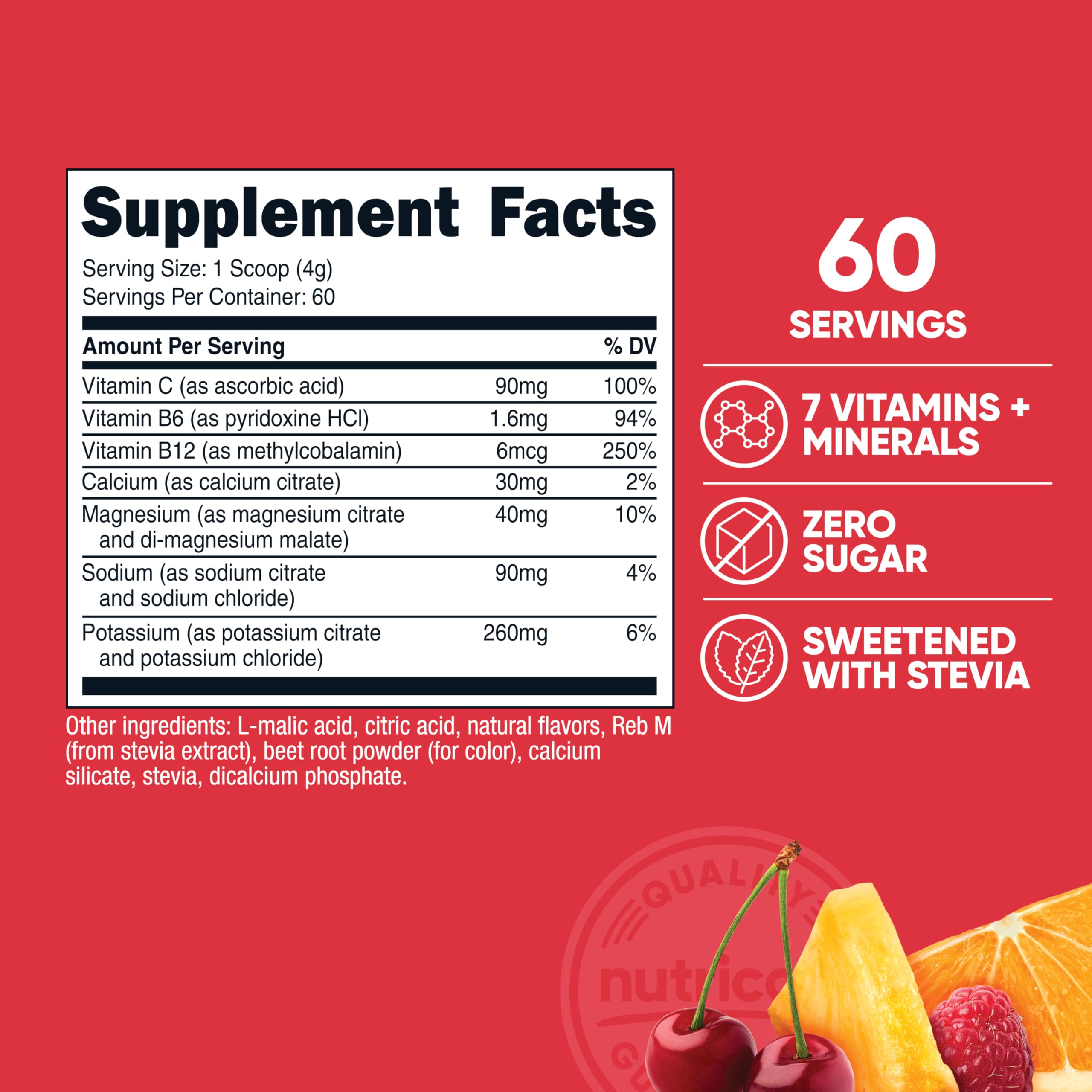 Nutricost mezcla para hidratación diaria, sabor fruta, fácil de preparar con agua.