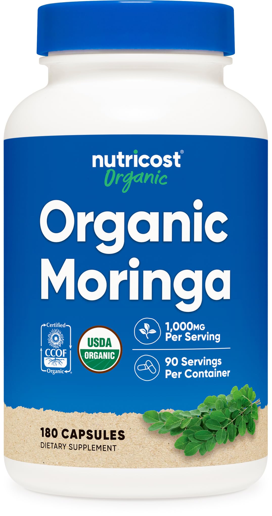 Botella de Nutricost Moringa Capsules con 180 cápsulas para uso diario.