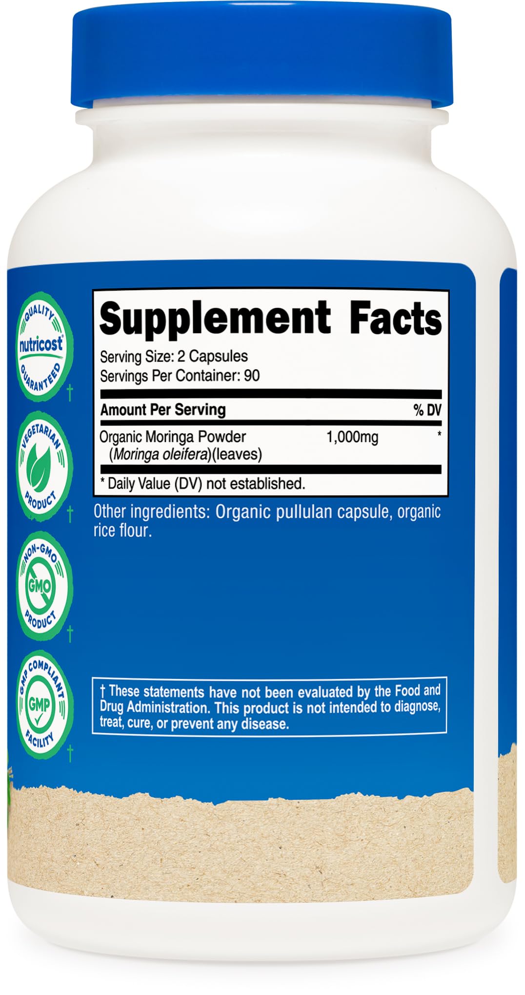 Empaque de Nutricost Moringa con certificación BPM para fabricación de calidad.