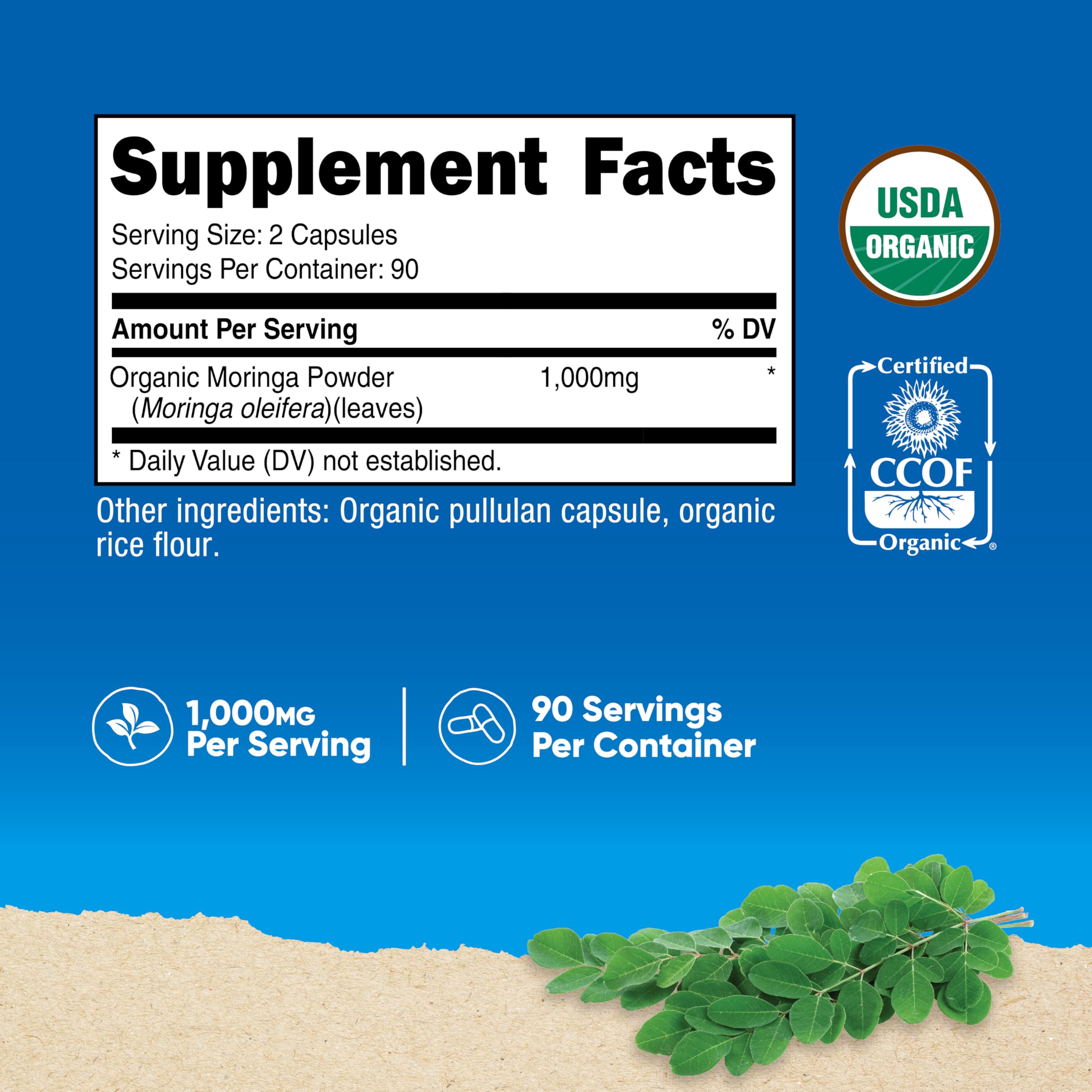Etiqueta de Nutricost Moringa mostrando ingredientes clave para apoyo diario.