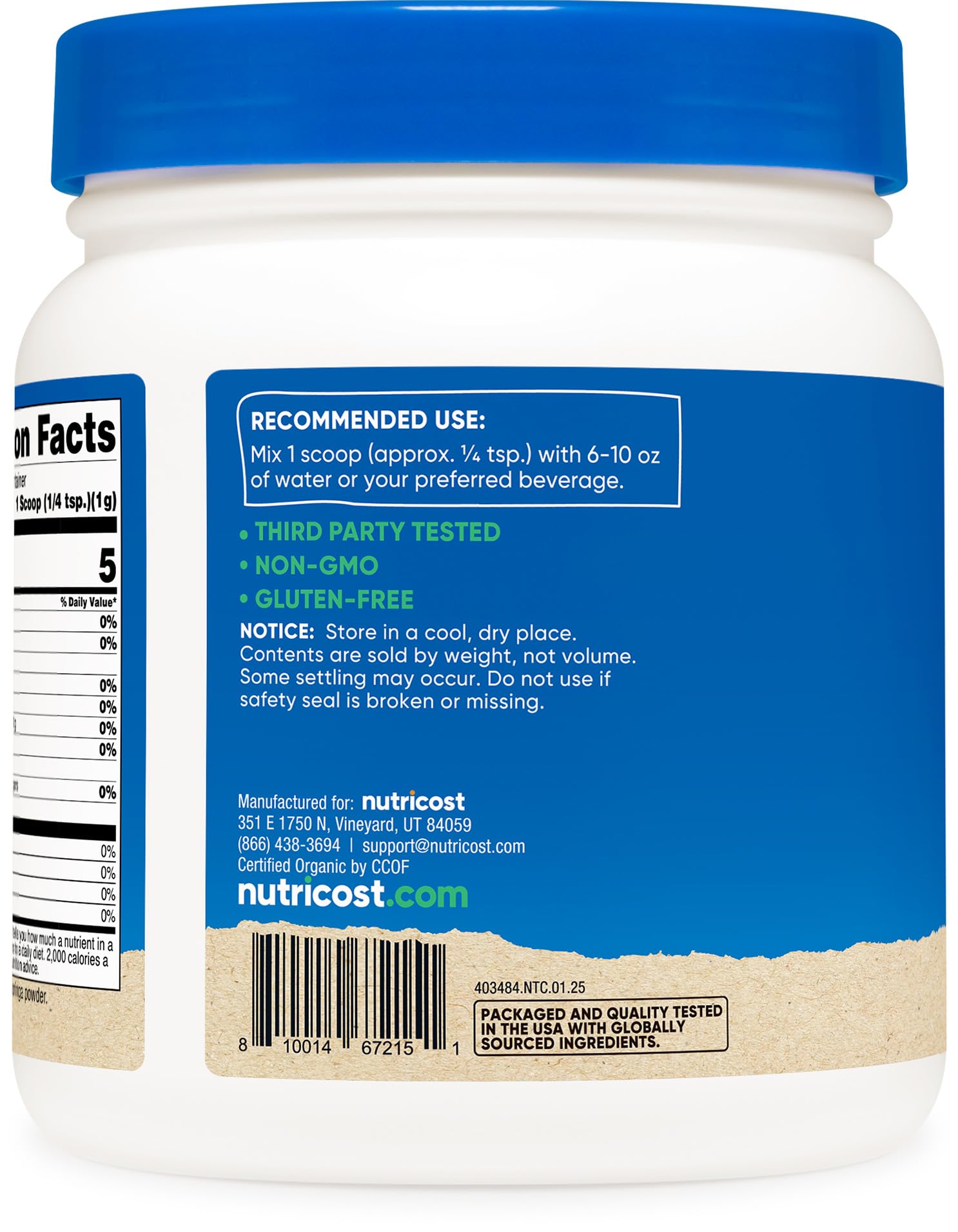 Nutricost Moringa, certificaciones USDA Orgánica y CCOF para mayor confianza.