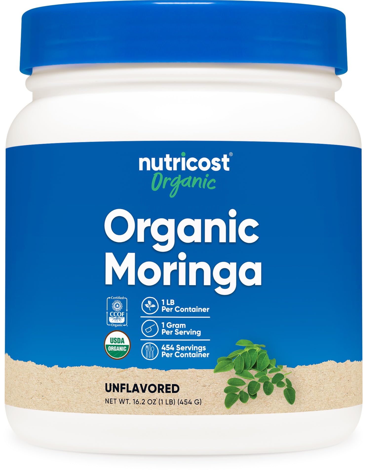 Nutricost Moringa en polvo en botella para dosis diarias de nutrición vegetal.