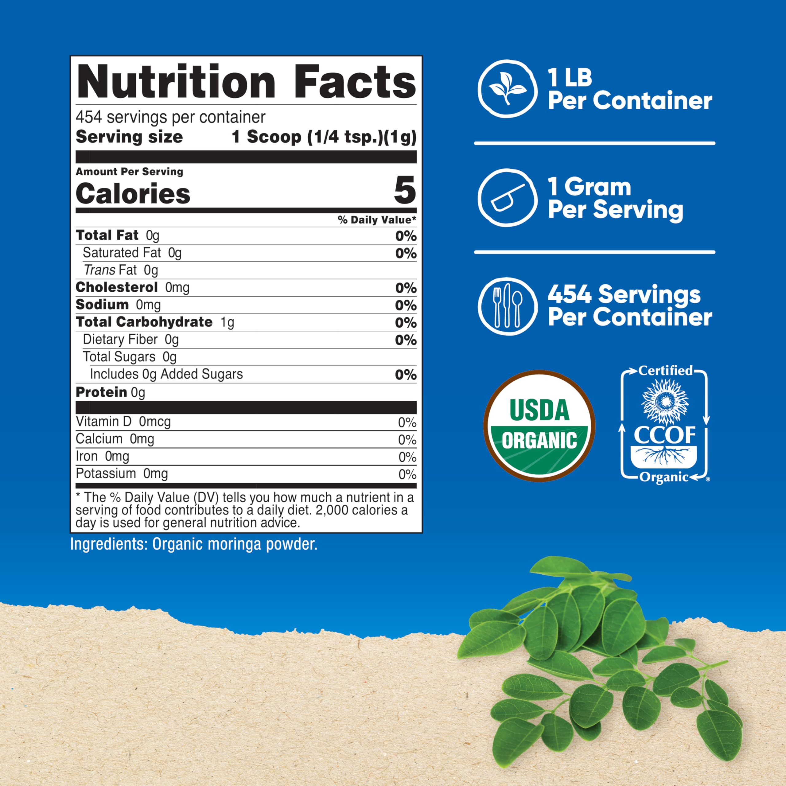 Nutricost Moringa en polvo, cuchara medidora incluida para porciones consistentes.