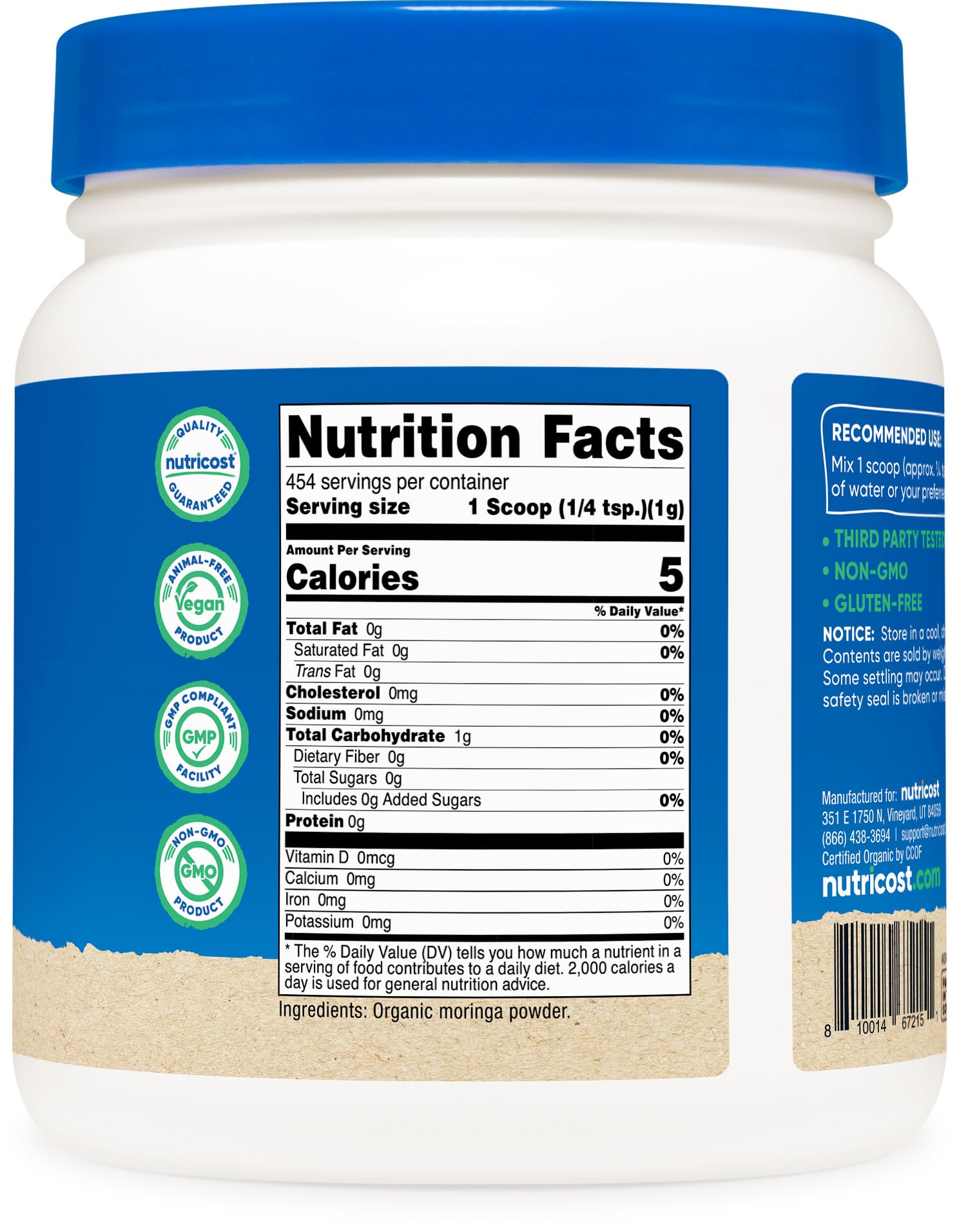 Nutricost Moringa en polvo para uso diario en cocina saludable.