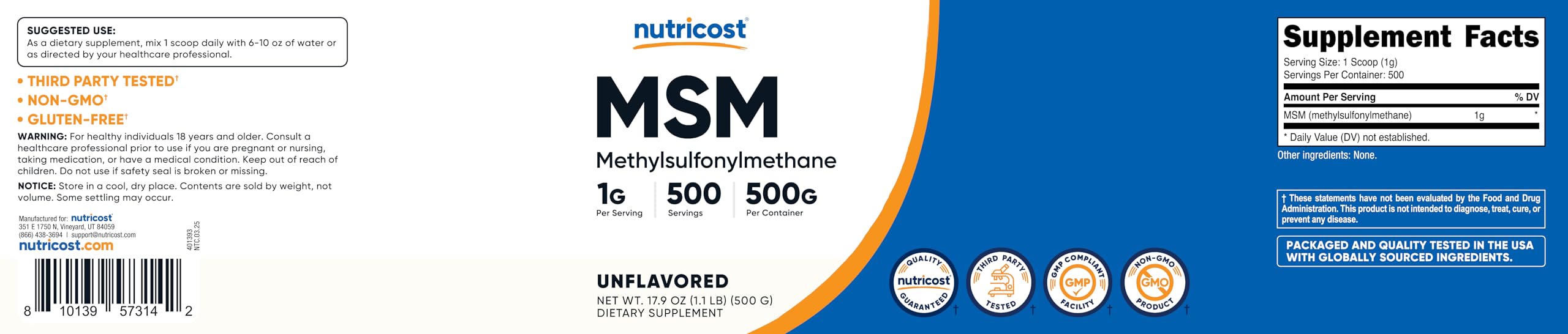 Nutricost MSM aplicación diaria, uso cómodo para rutina de bienestar.