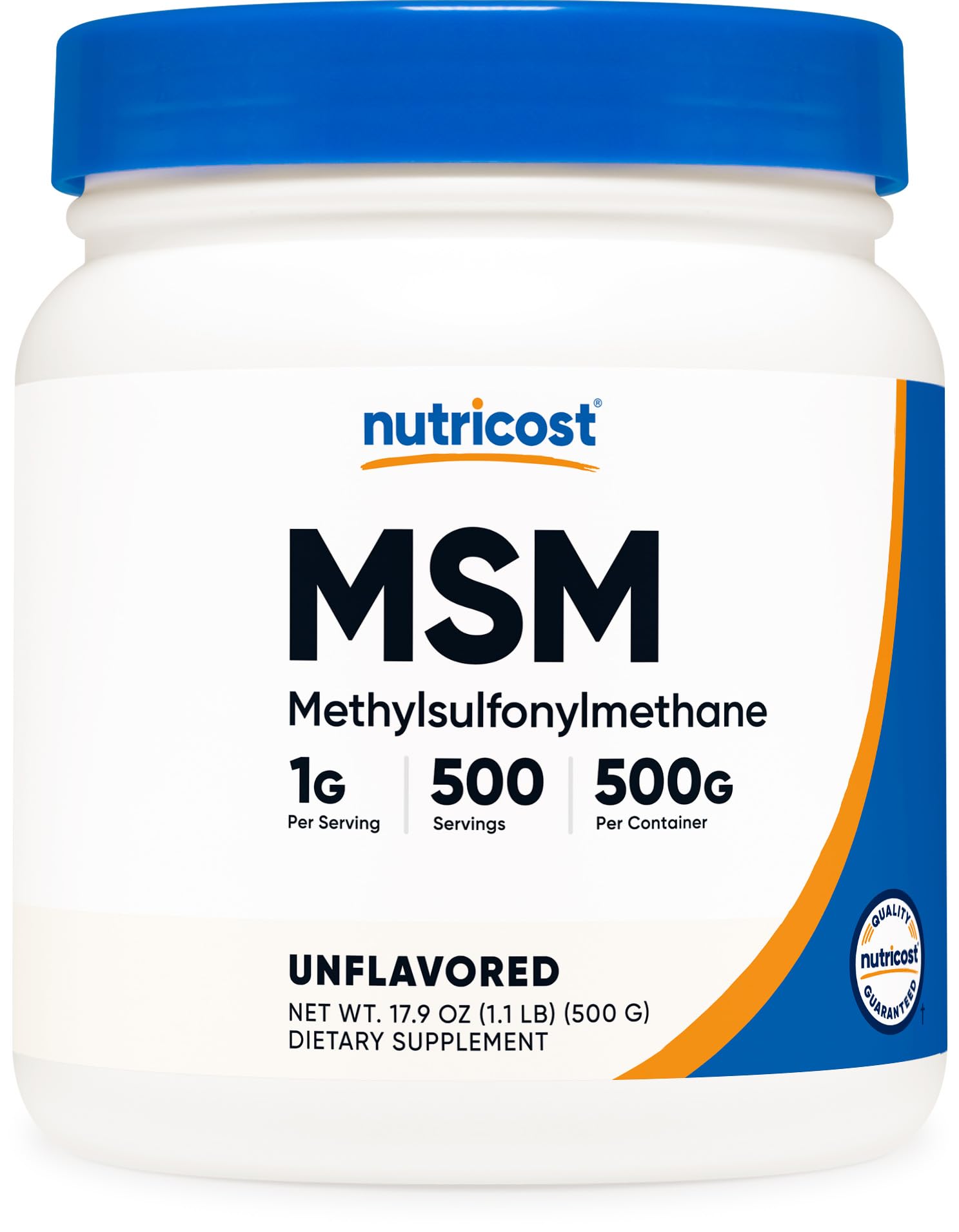 Nutricost MSM polvo 500 g en bote, posible apoyo a movilidad y bienestar diario.
