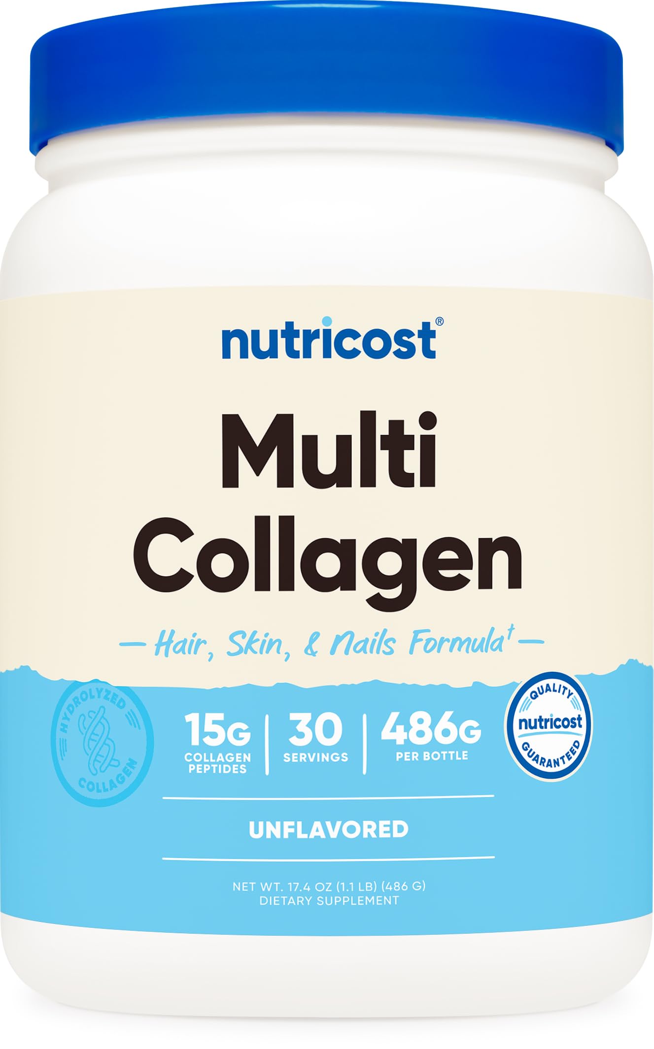 Nutricost Multi Colágeno en bote, soporte suave para la piel.