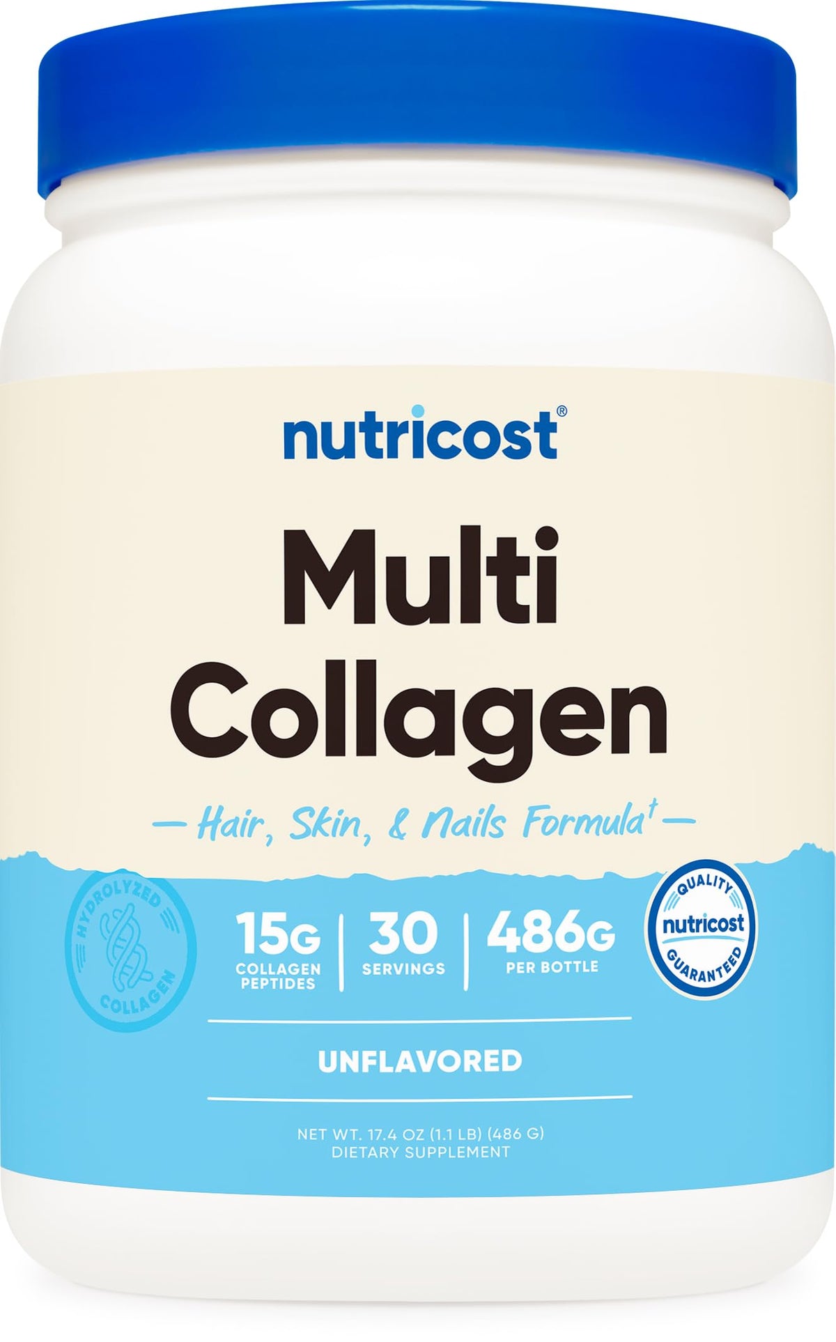 Nutricost Multi Colágeno en bote, soporte suave para la piel.
