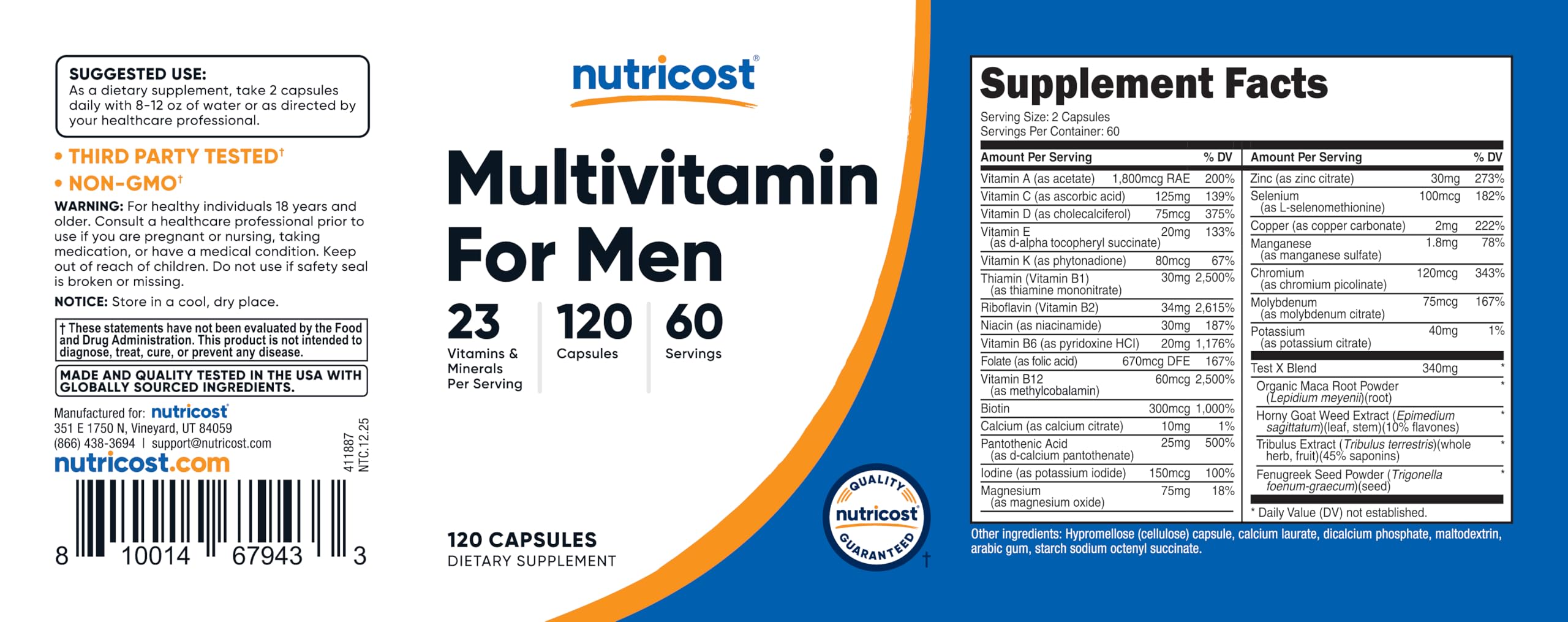 Nutricost Multivitamin Hombre, ingredientes clave: apoyo nutricional diario.