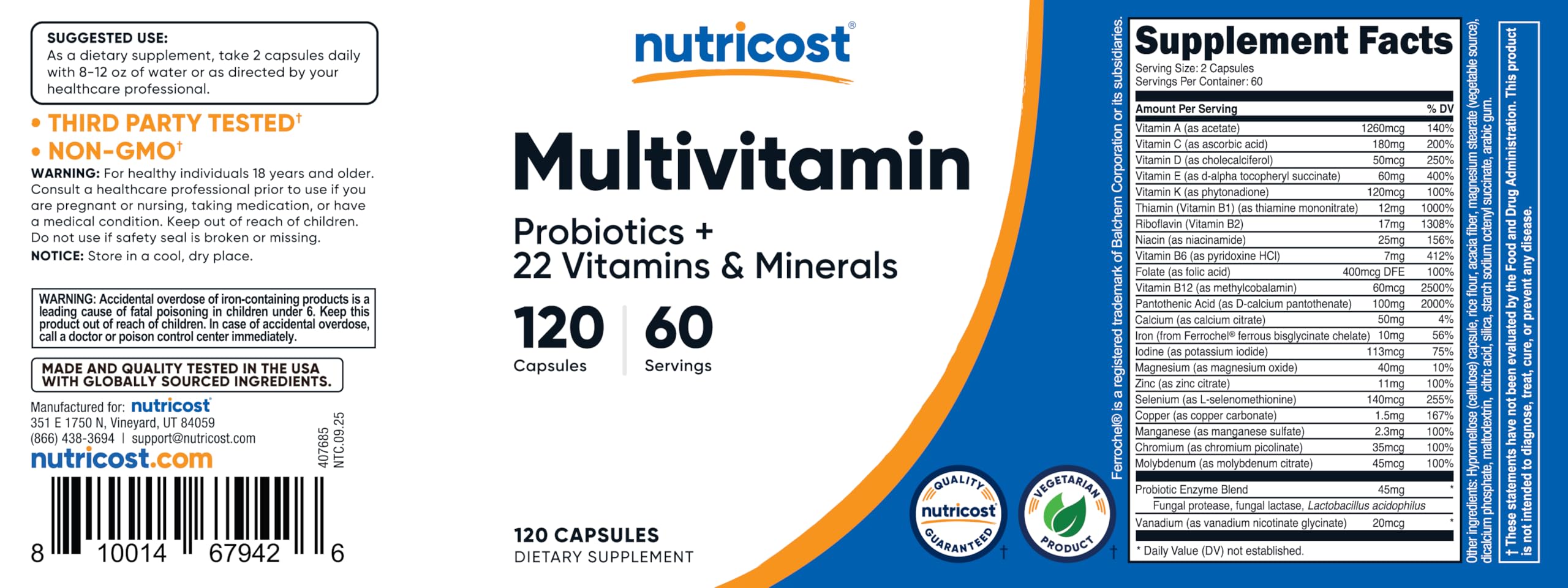 Envase de Nutricost Multivitamínico con probióticos en diseño práctico