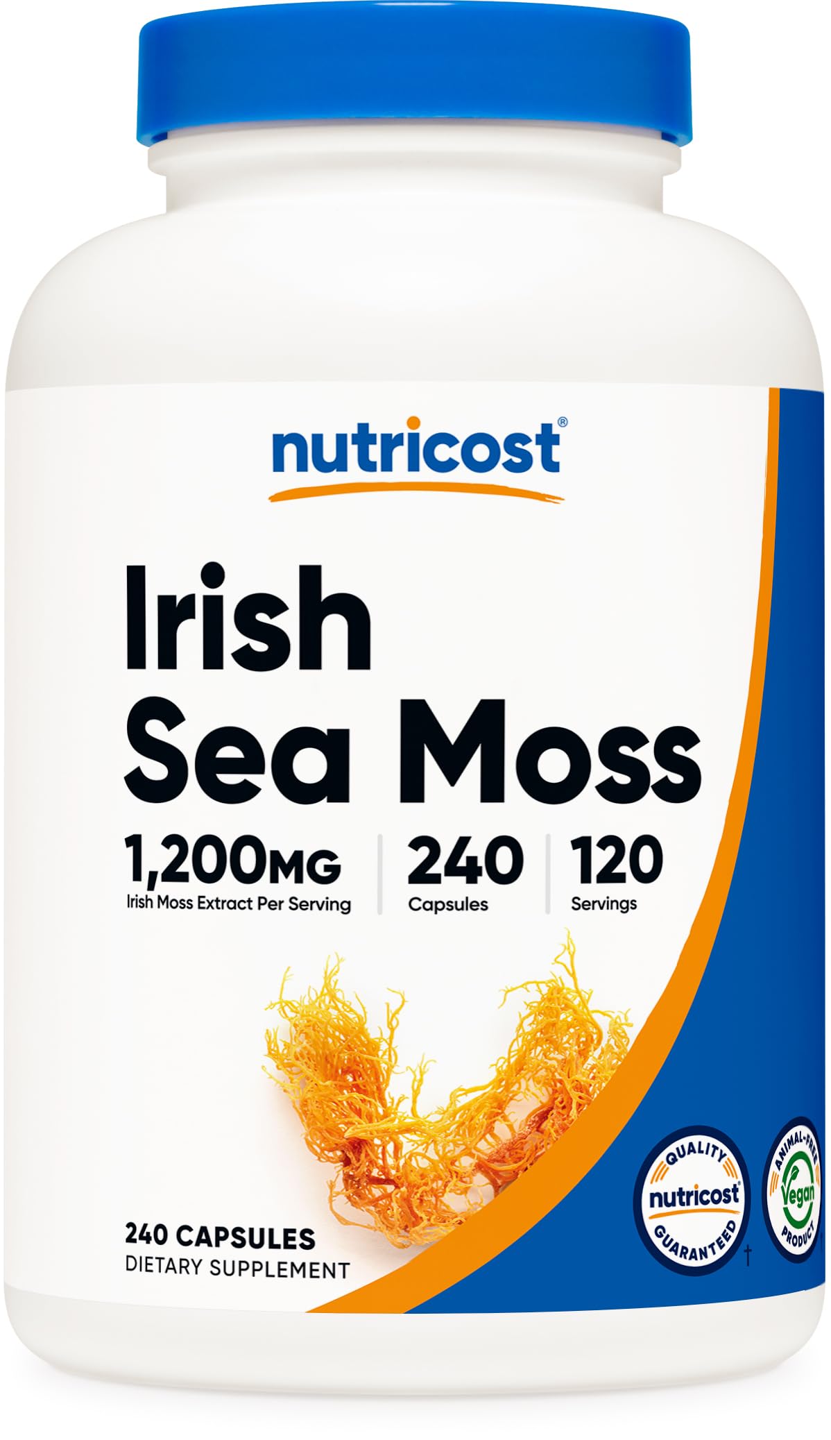 Nutricost musgo mar irlandés cápsulas, vista frontal de la botella para apoyo diario de la nutrición