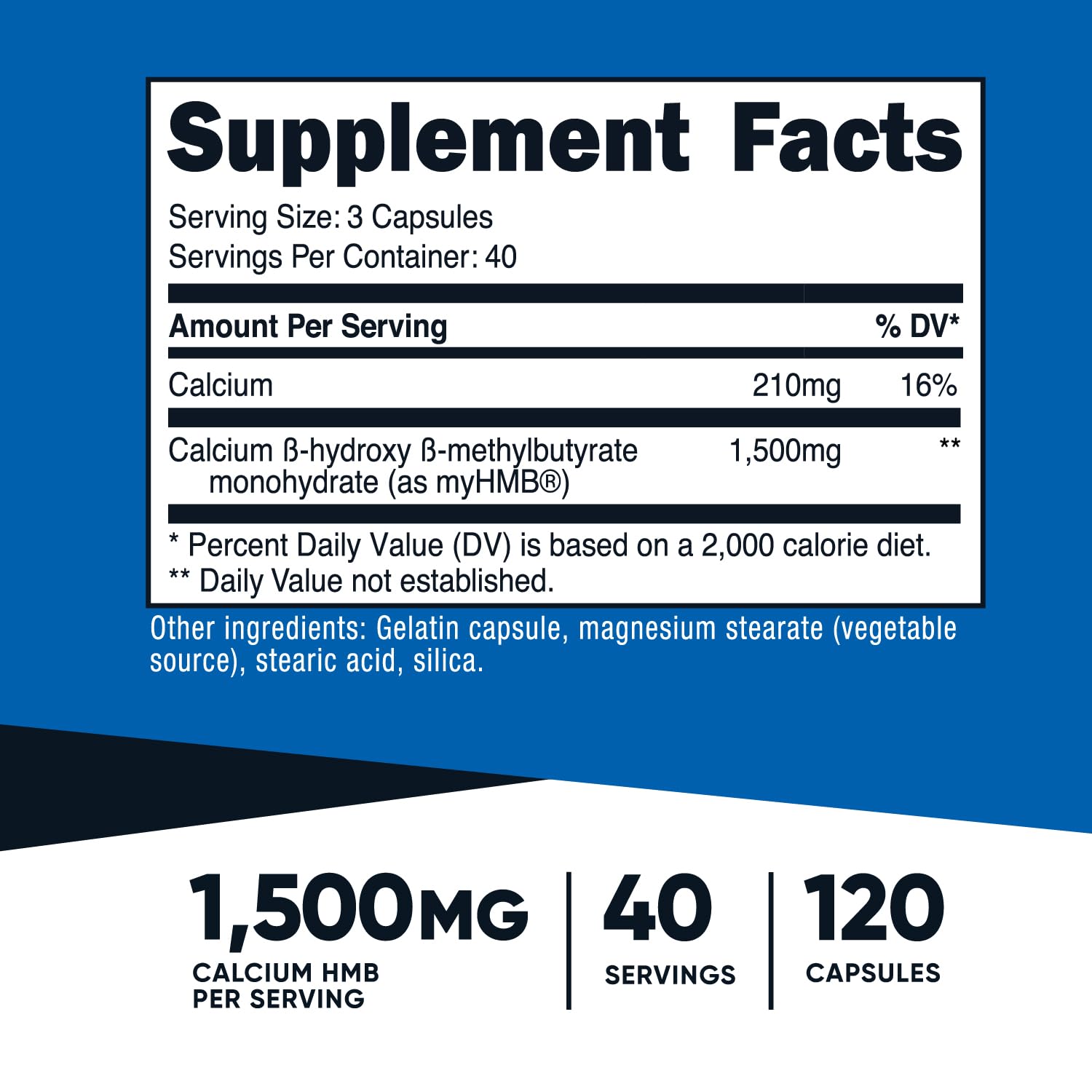 Nutricost myHMB cápsulas, etiqueta frontal clara para identificar dosis de entrenamiento.