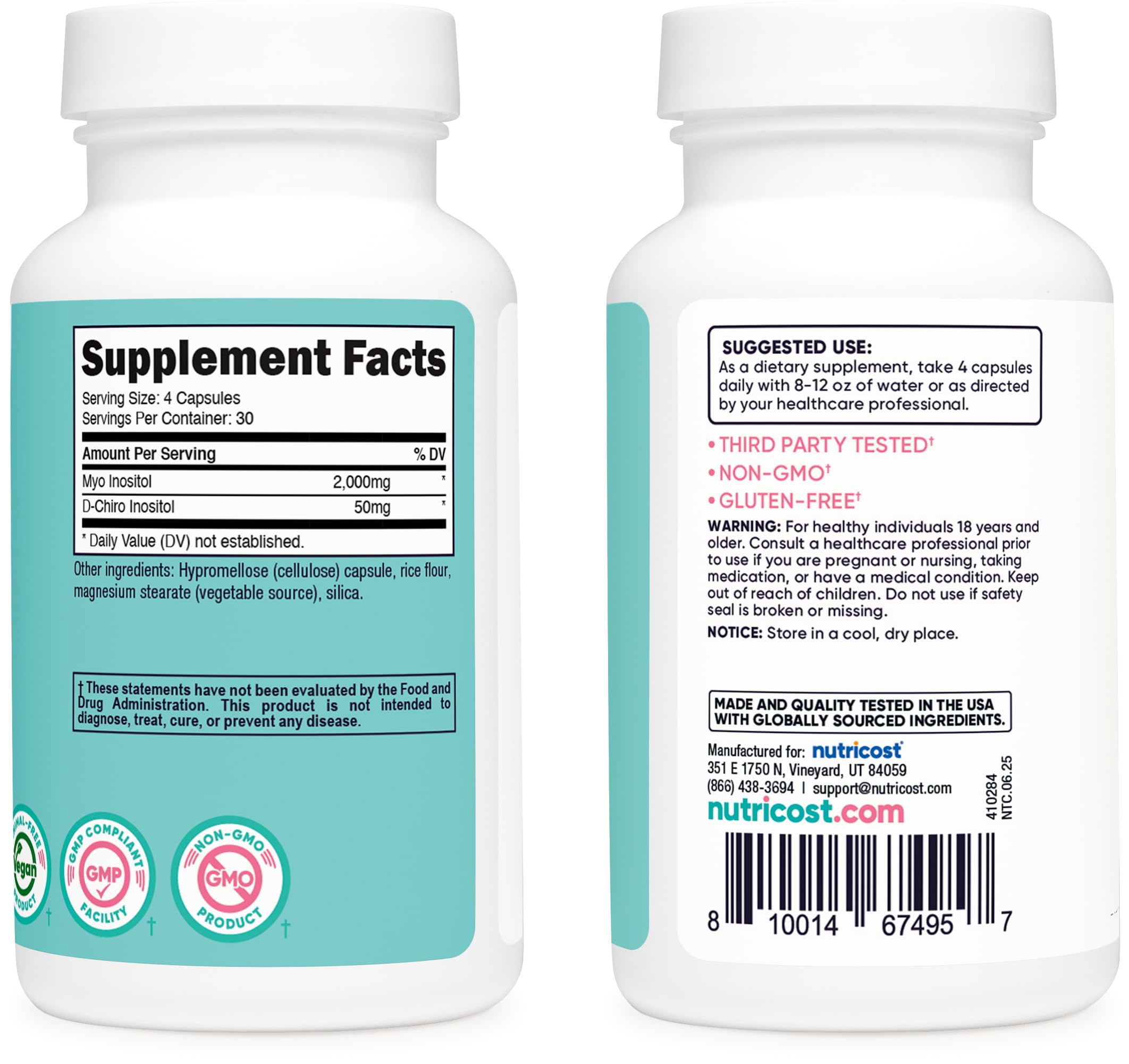Nutricost Myo Inositol etiqueta de nutrientes, información clara de la composición.