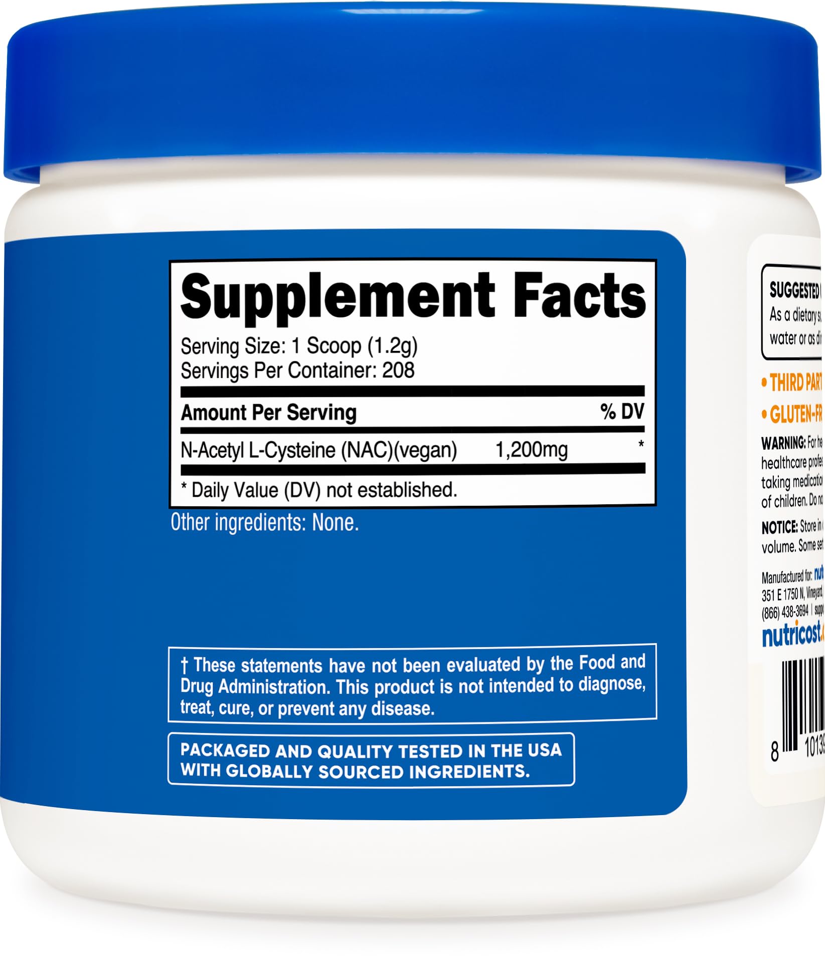 Nutricost NAC frasco 250 g, pensado para regímenes veganos