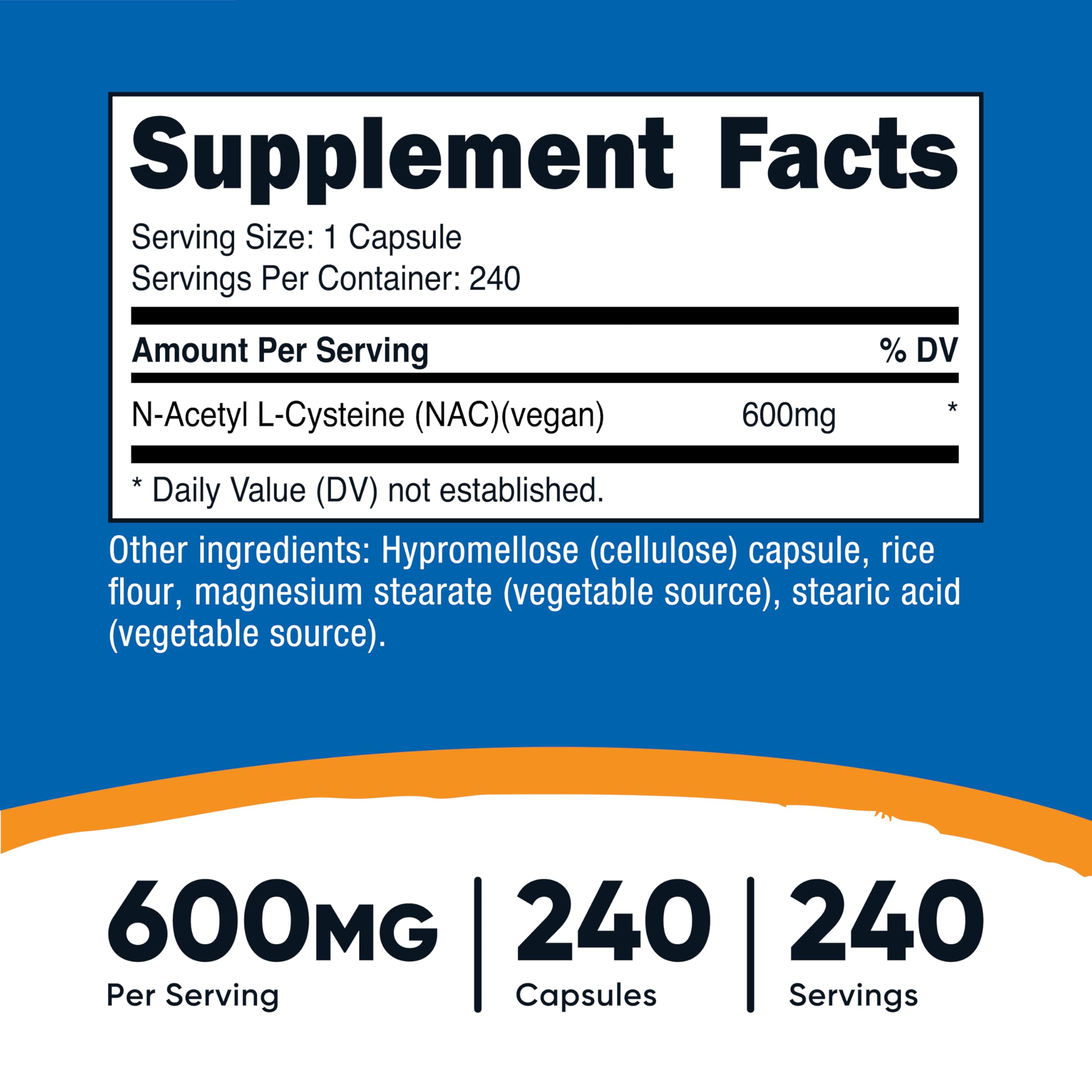 Botella Nutricost NAC de 240 cápsulas para suplementación prolongada