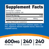 Botella Nutricost NAC de 240 cápsulas para suplementación prolongada