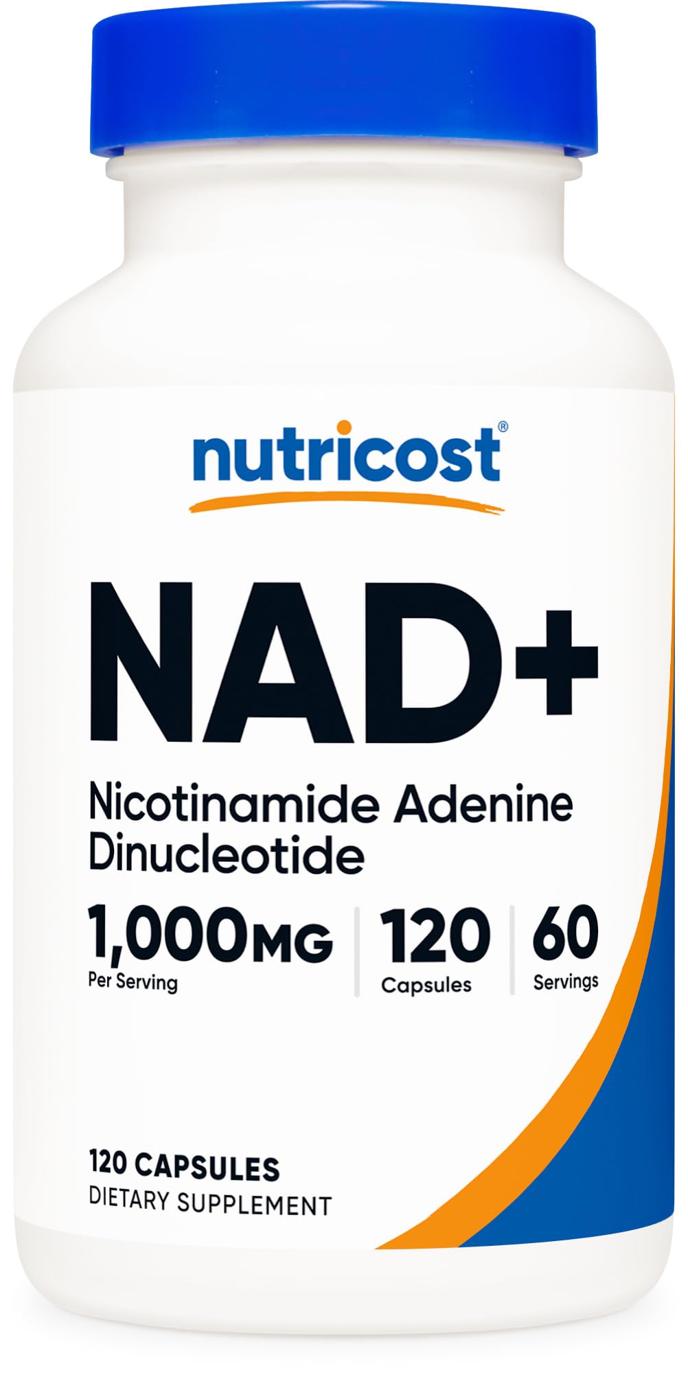 Nutricost NAD+ 1000 mg, cápsulas en botella, posible apoyo a la vitalidad diaria.