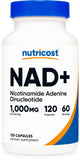 Nutricost NAD+ 1000 mg, cápsulas en botella, posible apoyo a la vitalidad diaria.
