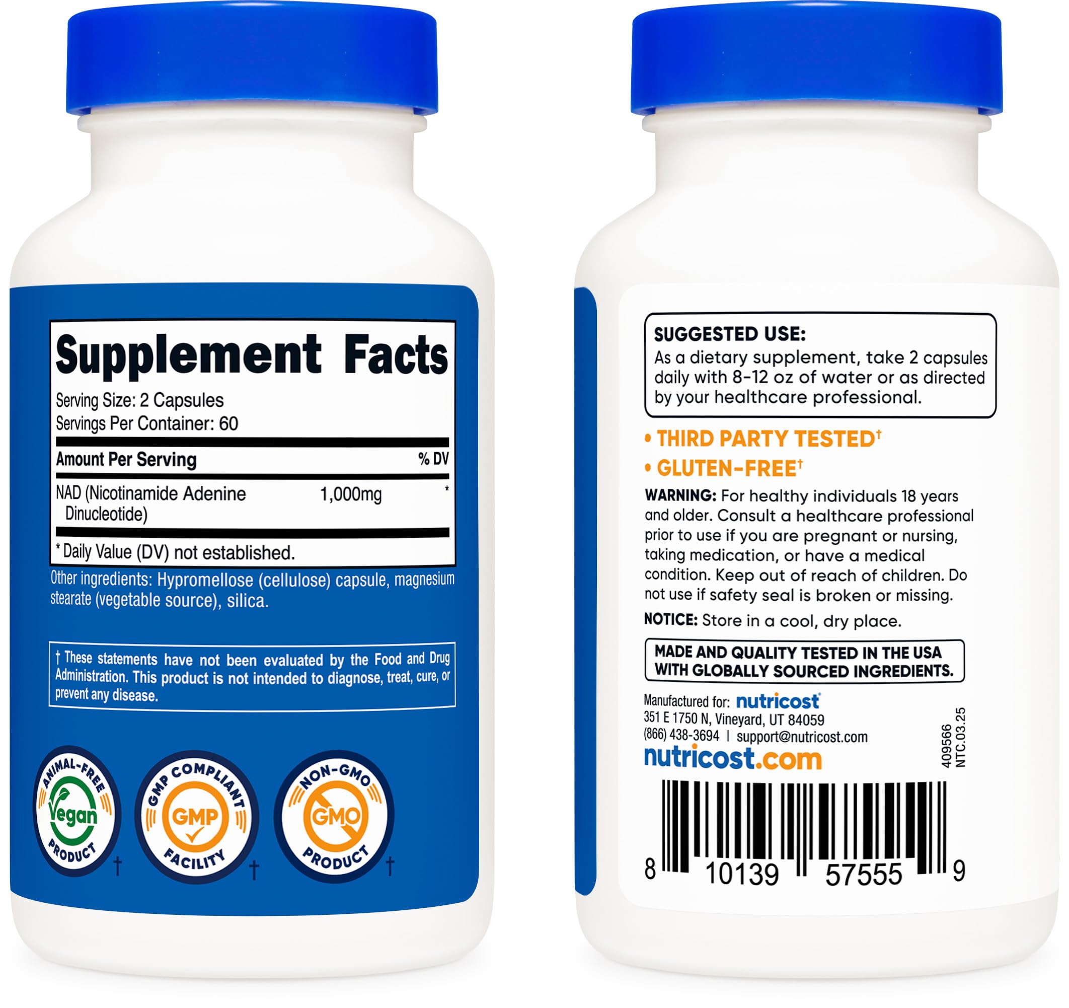 Detalle de etiqueta Nutricost NAD+ 1000 mg, información legible y útil.