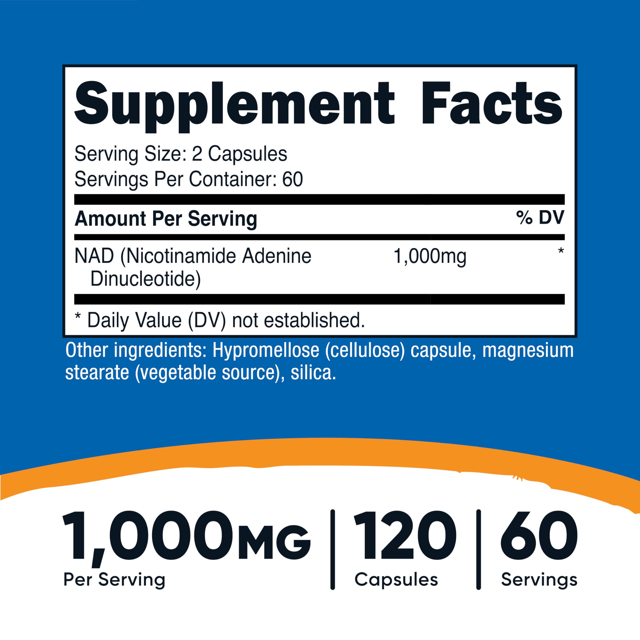 Etiqueta frontal de Nutricost NAD+ 1000 mg, diseño claro para identificar ingredientes.