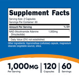Etiqueta frontal de Nutricost NAD+ 1000 mg, diseño claro para identificar ingredientes.